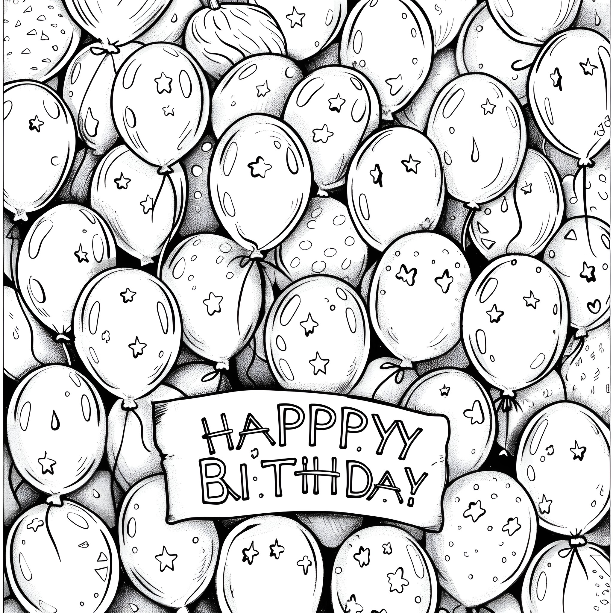 Happy Birthday with joyful balloons Coloring Page (free black-and-white line drawing printable PDF for all, from beginners to advanced learners, including children, teens, adults, and seniors)