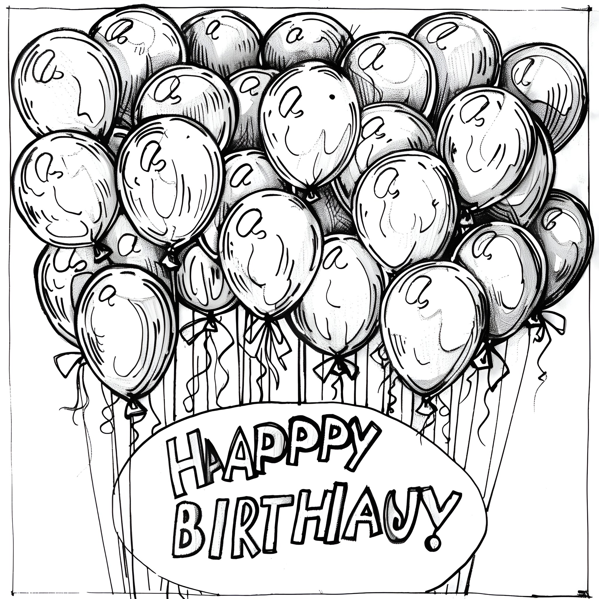Happy Birthday balloons and party decorations Coloring Page (free black-and-white line drawing printable PDF for all, from beginners to advanced learners, including children, teens, adults, and seniors)