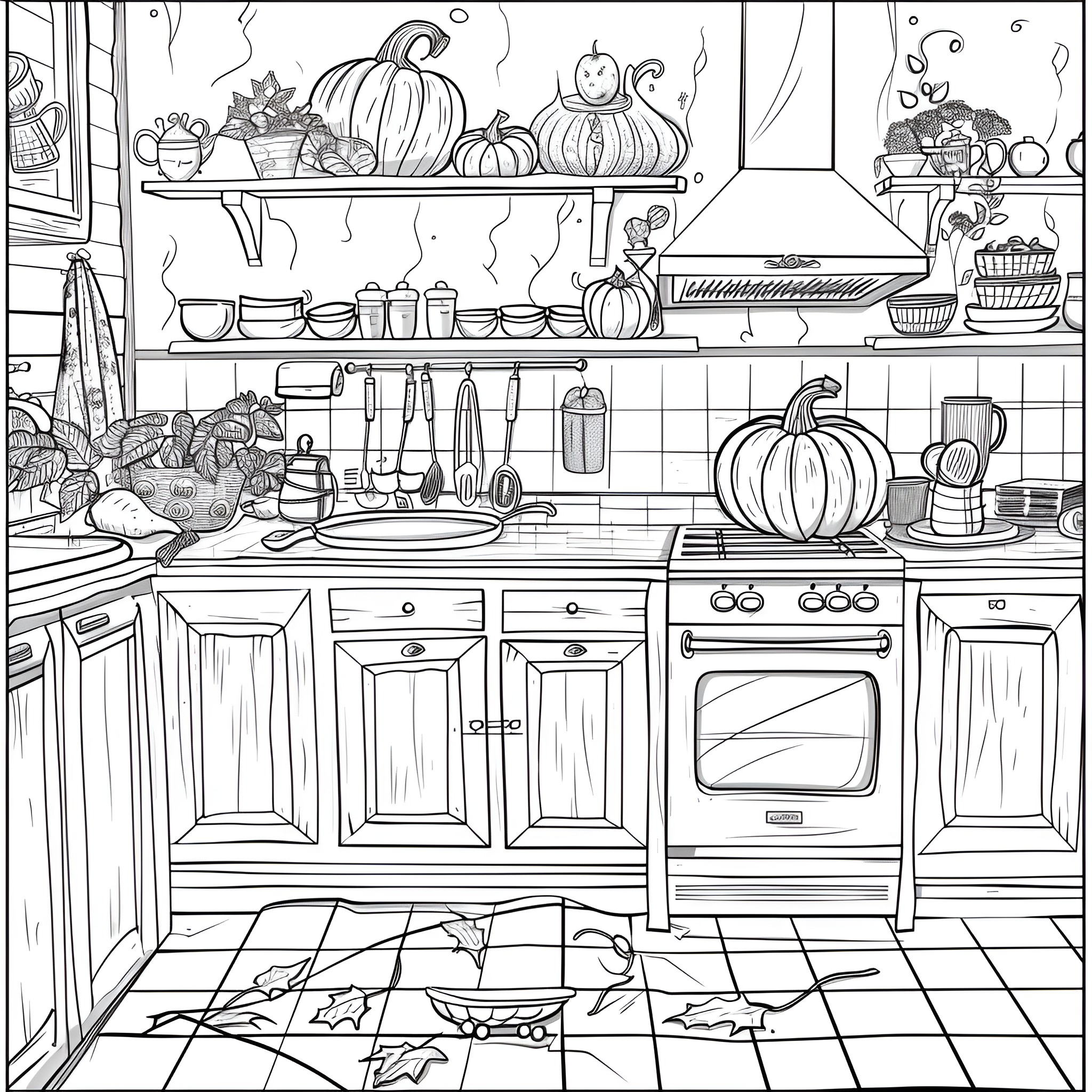 Pumpkins and autumn decor in cozy kitchen Coloring Page (free black-and-white line drawing printable PDF for all, from beginners to advanced learners, including children, teens, adults, and seniors)