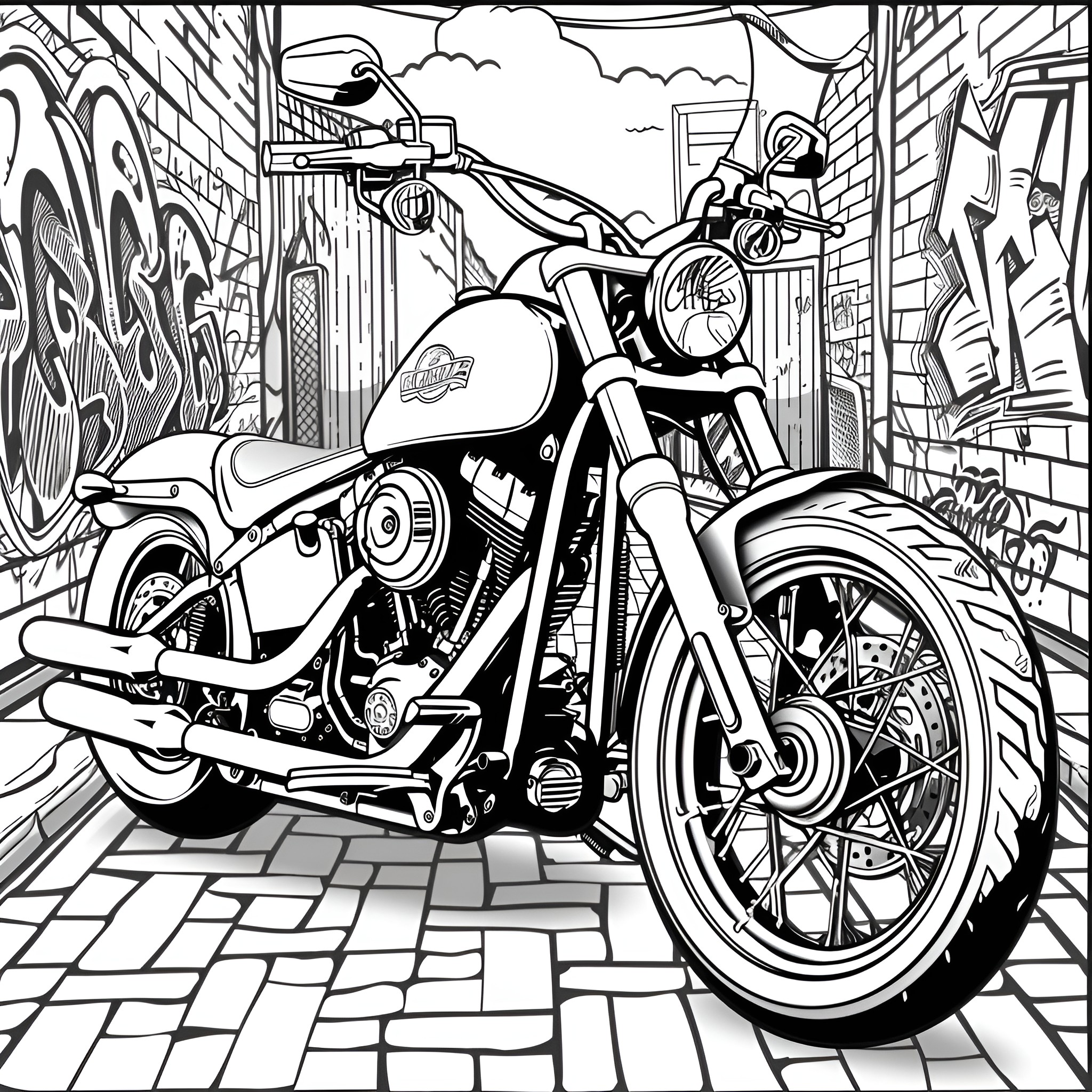 Motorcycle in a Gritty City Alley Coloring Page (free black-and-white line drawing printable PDF for all, from beginners to advanced learners, including children, teens, adults, and seniors)