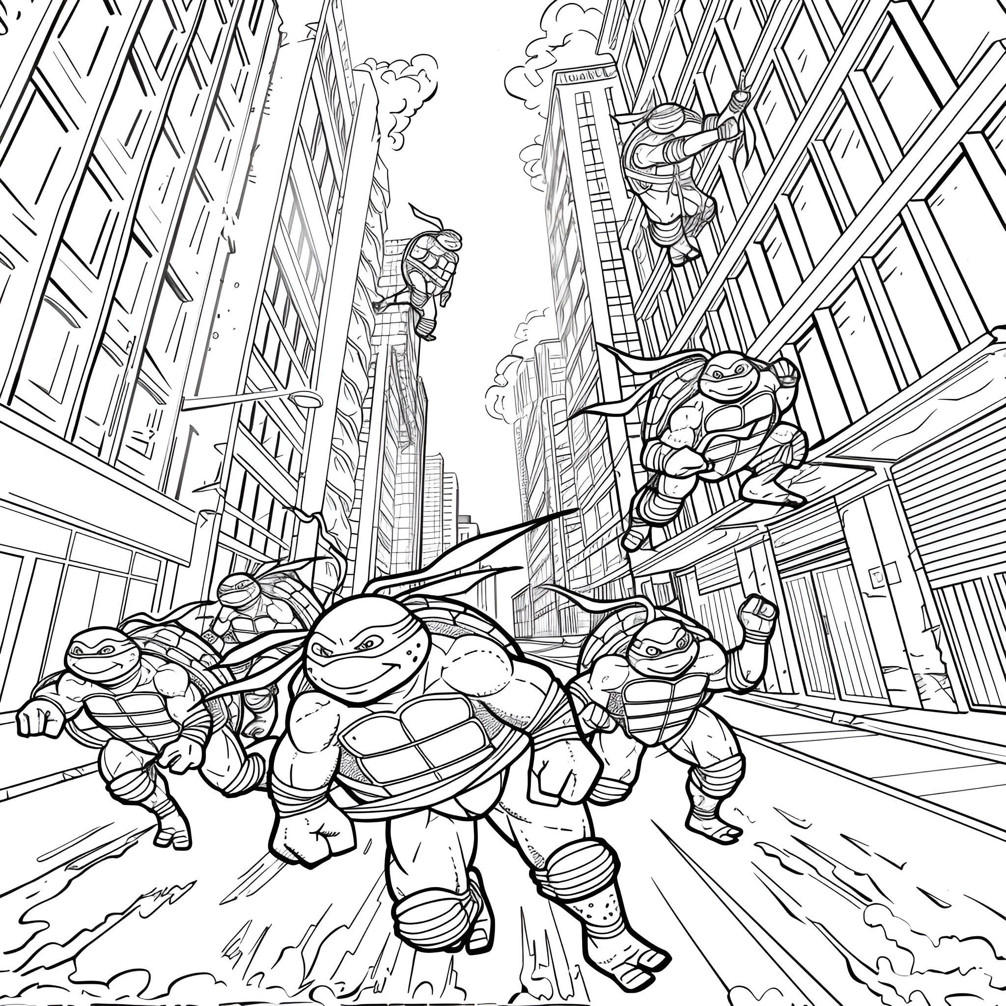Ninja Turtles battling in the city streets Coloring Page (free black-and-white line drawing printable PDF for all, from beginners to advanced learners, including children, teens, adults, and seniors)