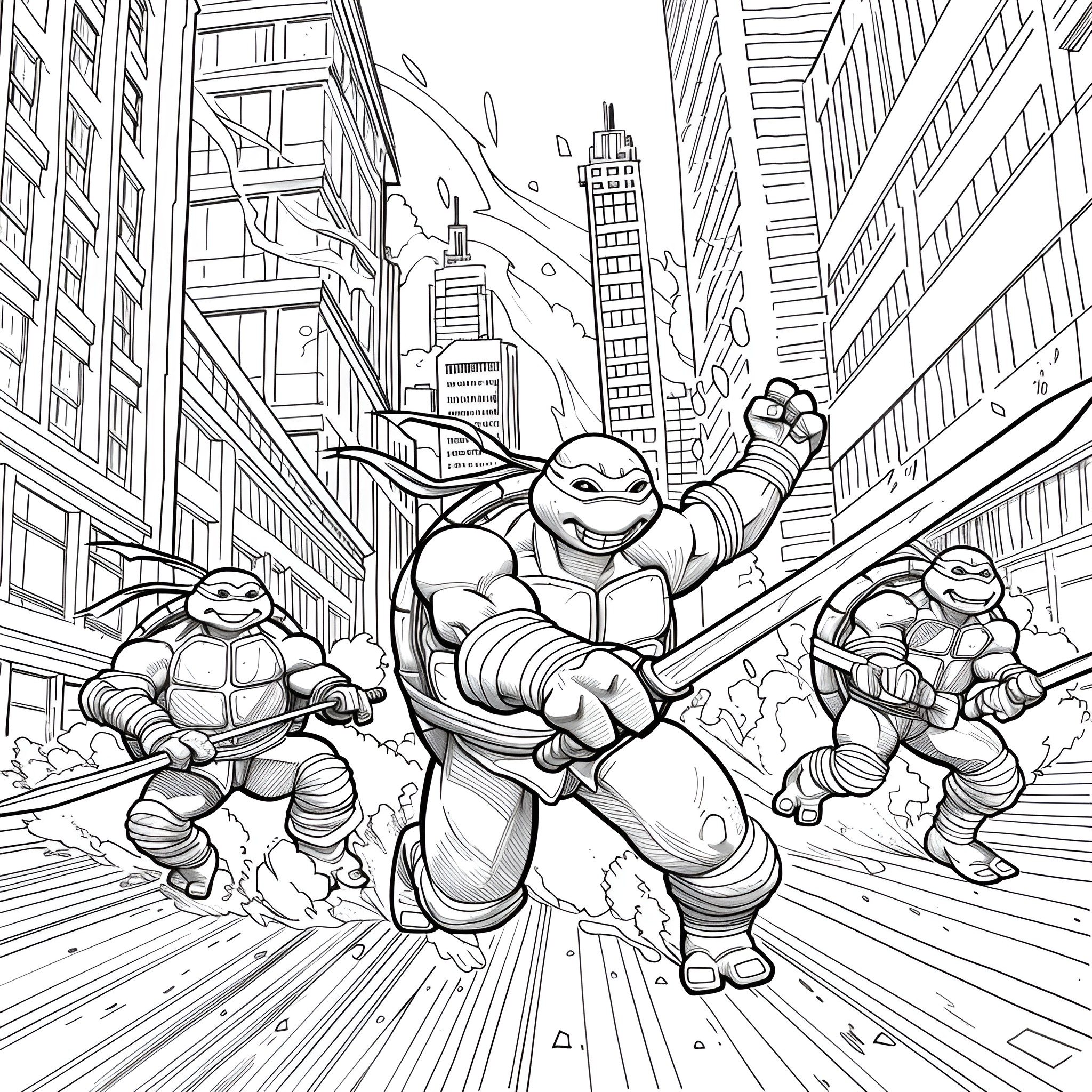 Ninja Turtles battling in city streets Coloring Page (free black-and-white line drawing printable PDF for all, from beginners to advanced learners, including children, teens, adults, and seniors)