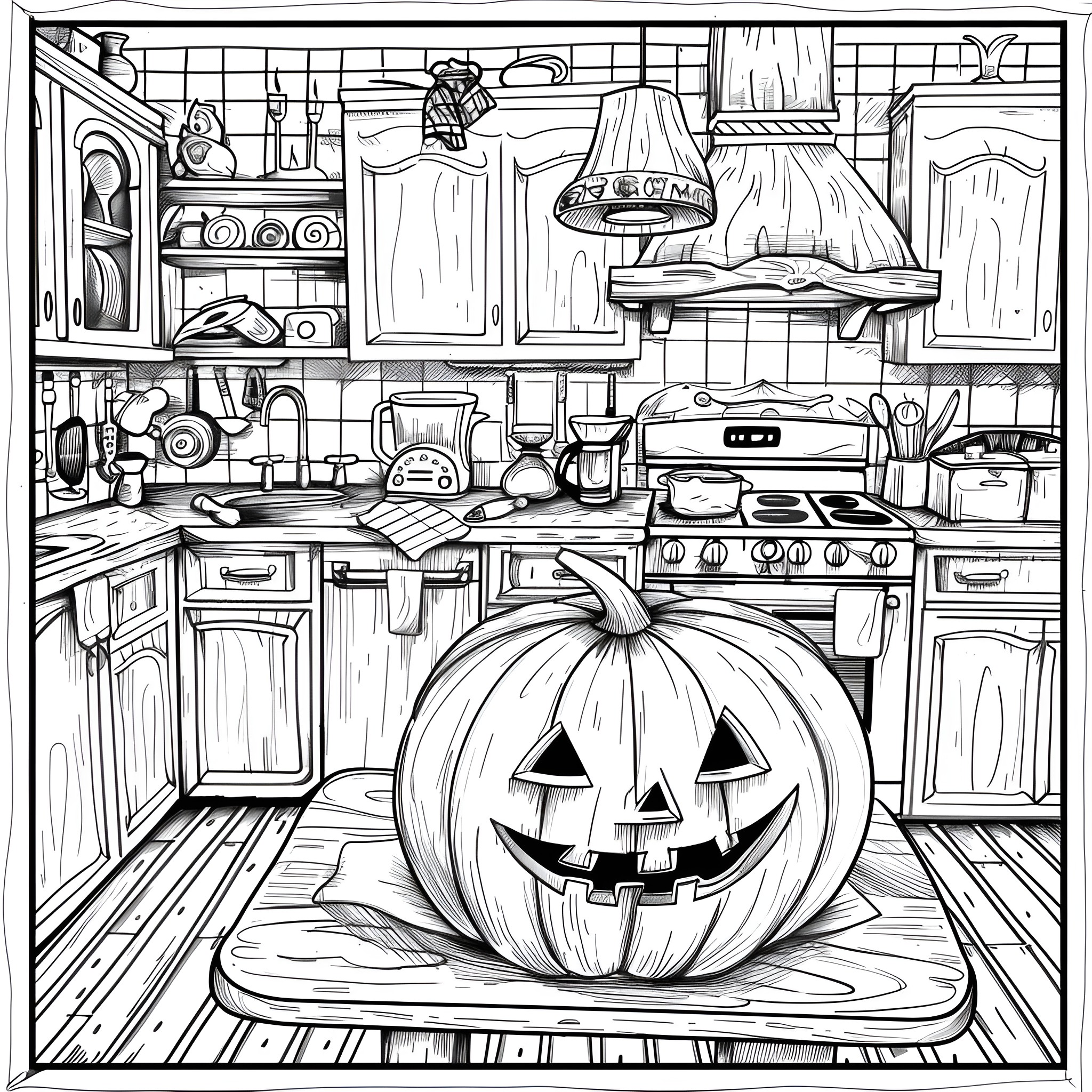 Pumpkin in a cluttered kitchen Coloring Page (free black-and-white line drawing printable PDF for all, from beginners to advanced learners, including children, teens, adults, and seniors)