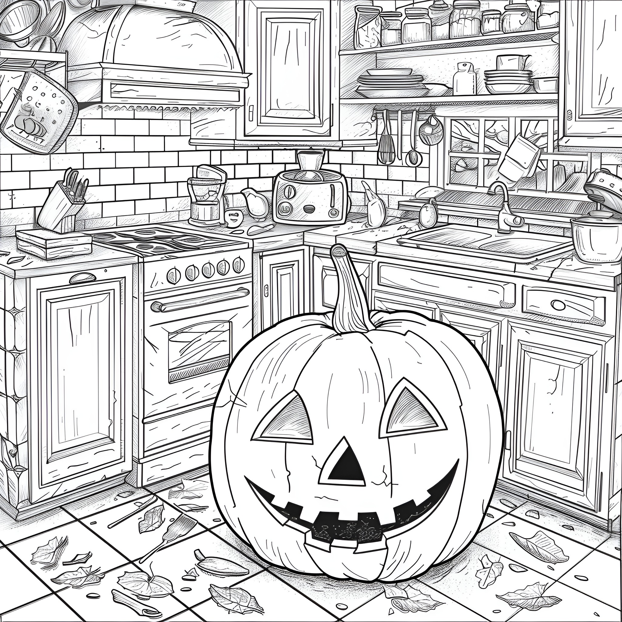 Pumpkin smiling in messy kitchen Coloring Page (free black-and-white line drawing printable PDF for all, from beginners to advanced learners, including children, teens, adults, and seniors)