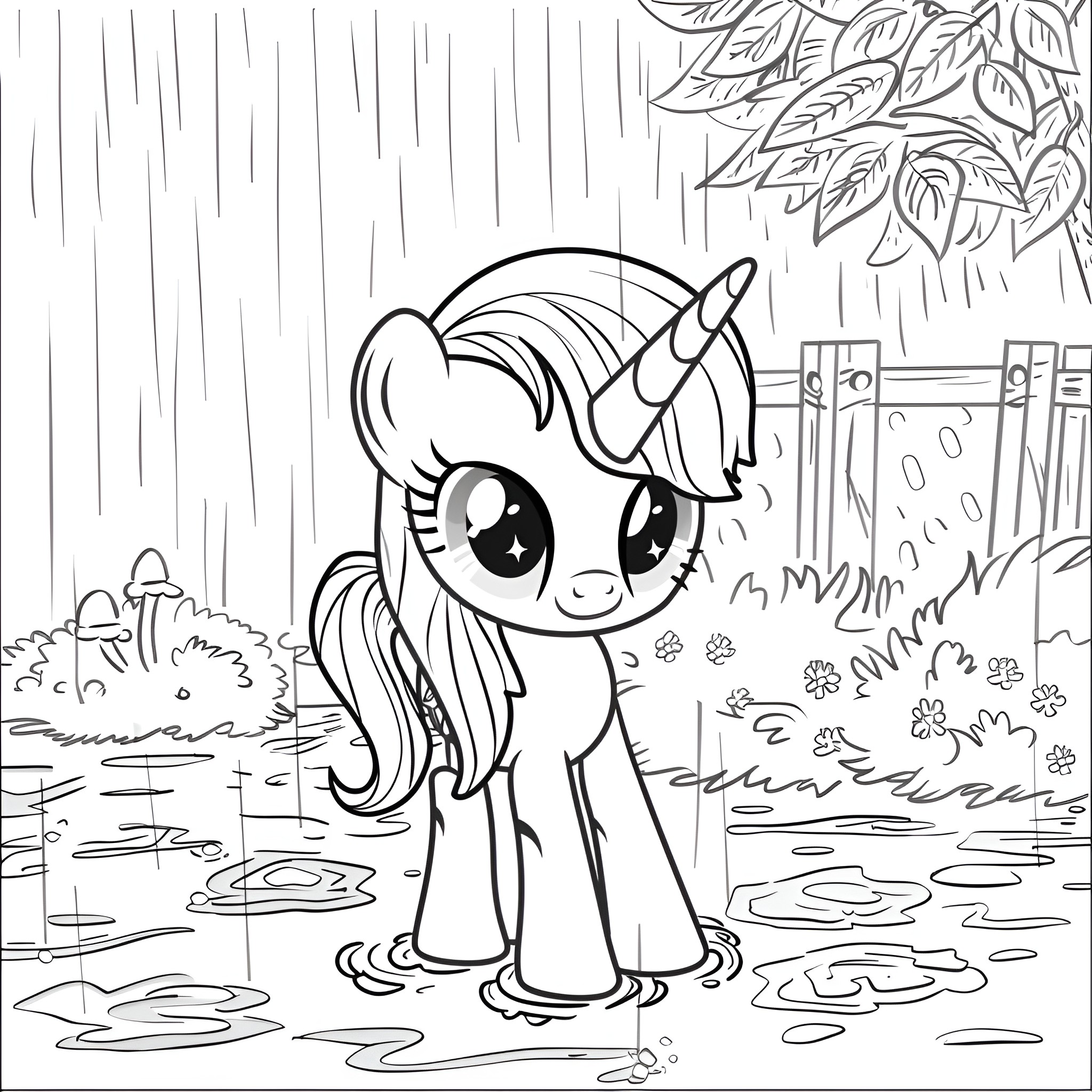 My Little Pony adorable pony in rainy meadow Coloring Page (free black-and-white line drawing printable PDF for all, from beginners to advanced learners, including children, teens, adults, and seniors)