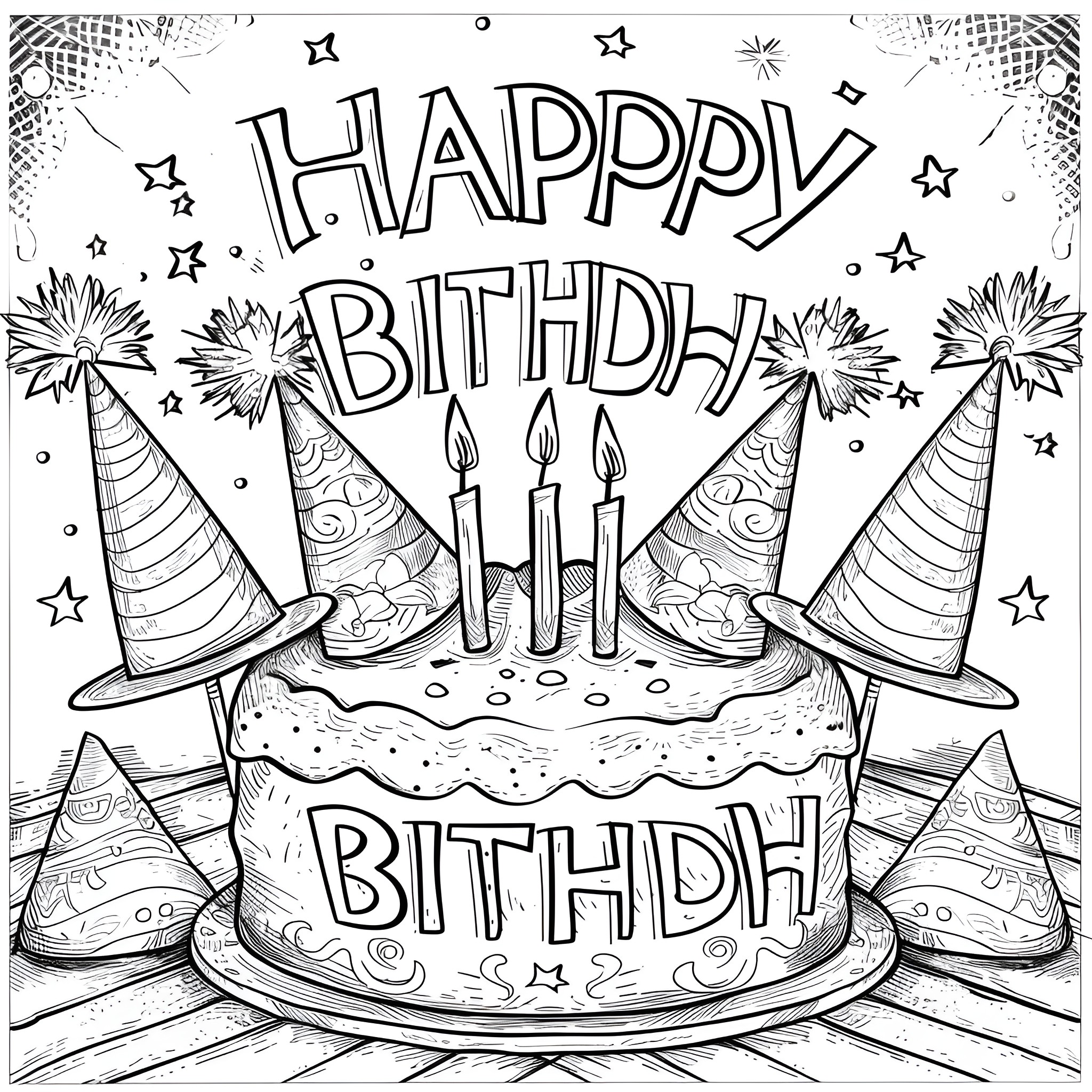 Happy Birthday with cake and party hats Coloring Page (free black-and-white line drawing printable PDF for all, from beginners to advanced learners, including children, teens, adults, and seniors)