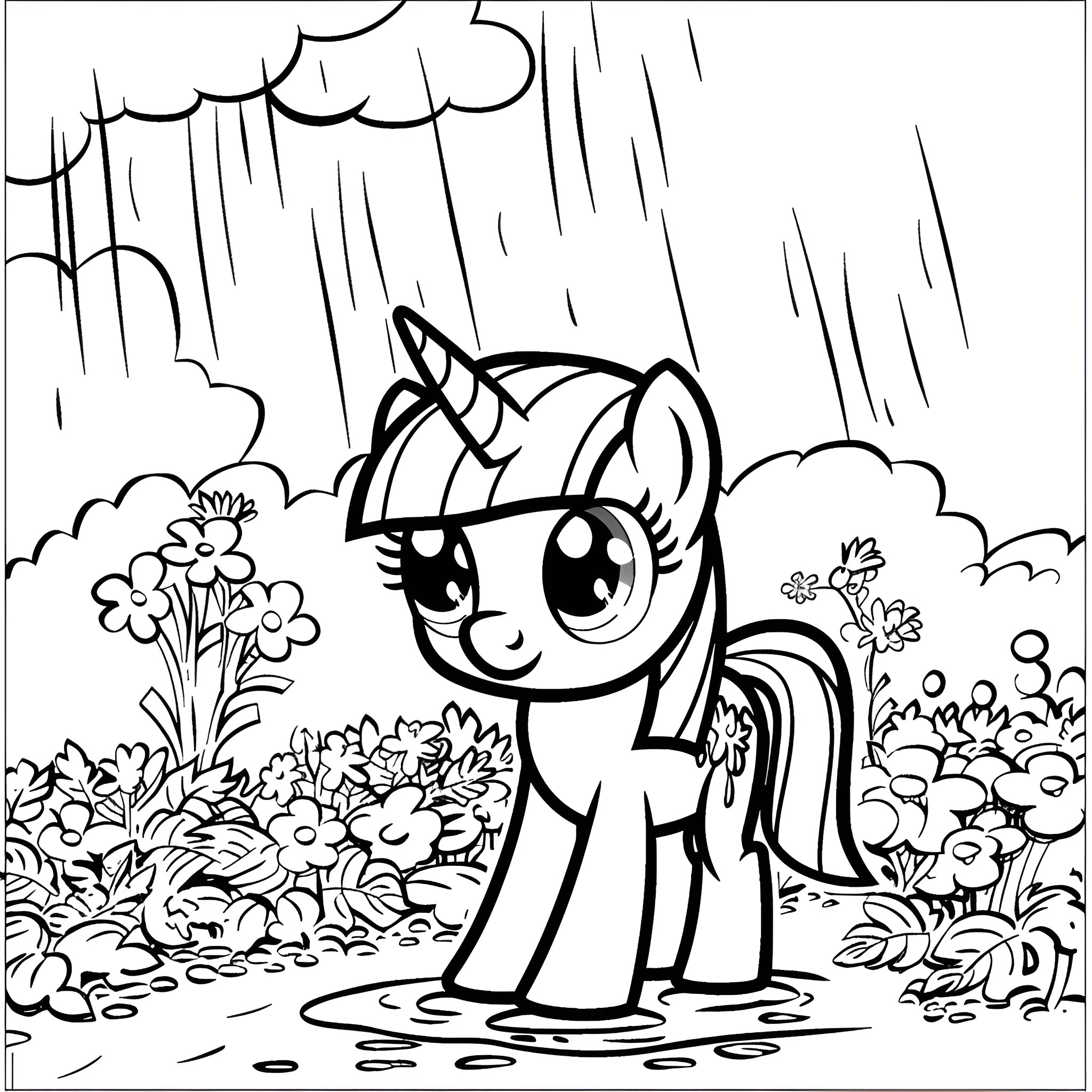 My Little Pony enjoying a rainy day Coloring Page (free black-and-white line drawing printable PDF for all, from beginners to advanced learners, including children, teens, adults, and seniors)