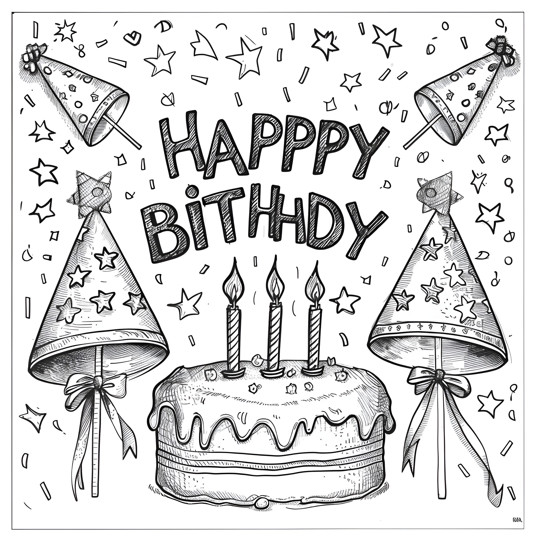 Happy Birthday celebration with party hats and cake Coloring Page (free black-and-white line drawing printable PDF for all, from beginners to advanced learners, including children, teens, adults, and seniors)