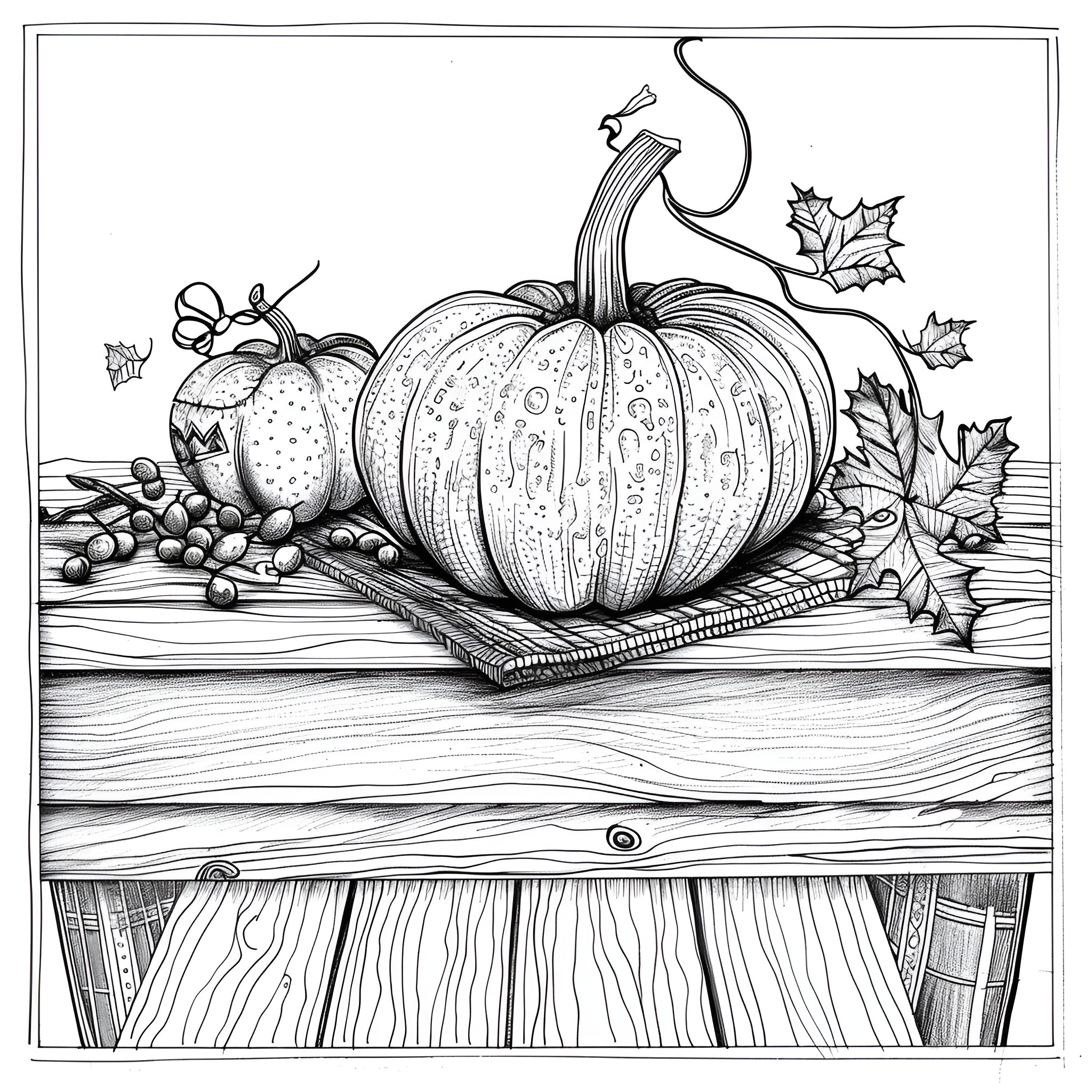 Pumpkins on a rustic wooden table Coloring Page (free black-and-white line drawing printable PDF for all, from beginners to advanced learners, including children, teens, adults, and seniors)