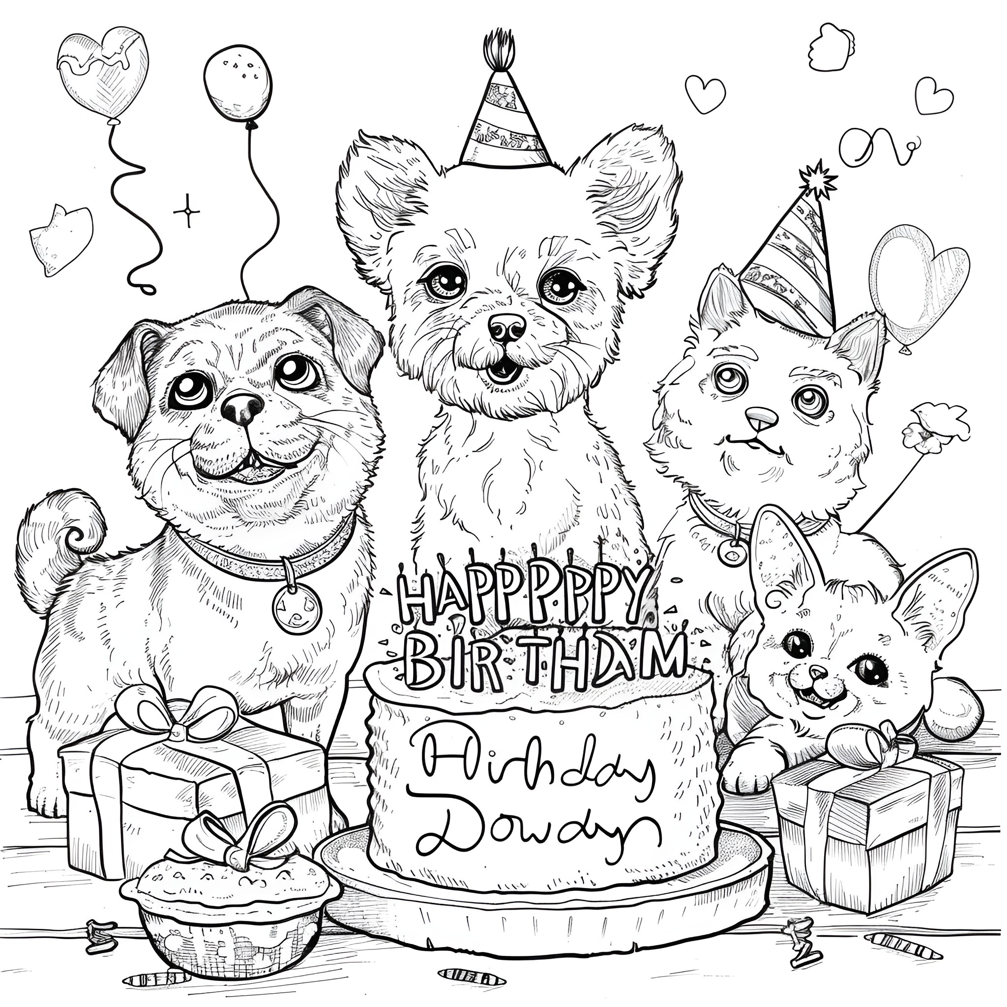 Happy Birthday dogs celebrating with cake and gifts Coloring Page (free black-and-white line drawing printable PDF for all, from beginners to advanced learners, including children, teens, adults, and seniors)