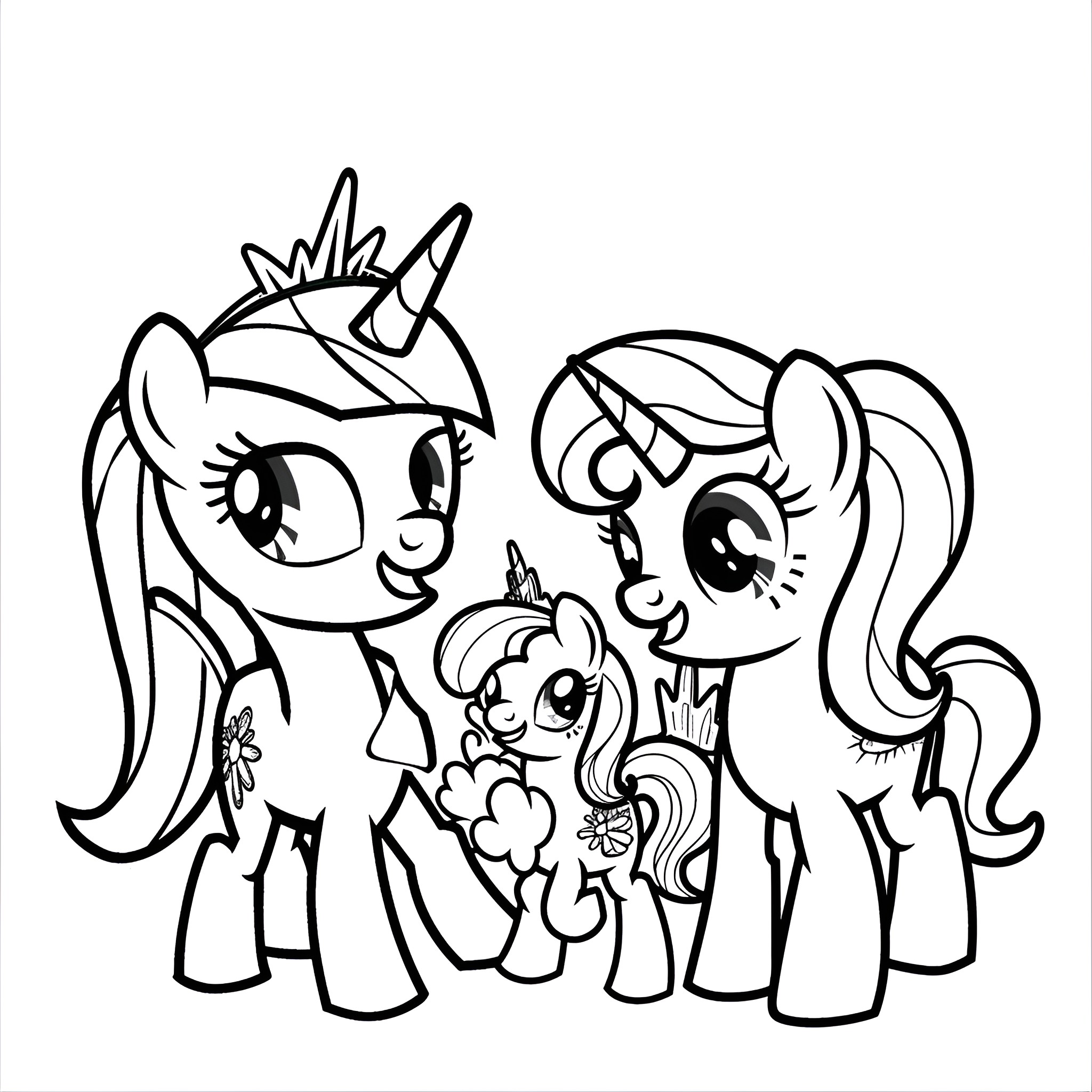 My Little Pony friends smiling and posing Coloring Page (free black-and-white line drawing printable PDF for all, from beginners to advanced learners, including children, teens, adults, and seniors)