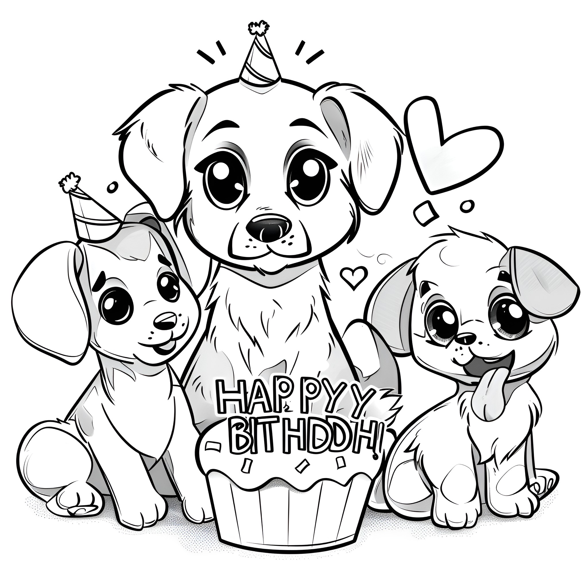 Happy Birthday Puppies Celebrating Joyfully Coloring Page (free black-and-white line drawing printable PDF for all, from beginners to advanced learners, including children, teens, adults, and seniors)