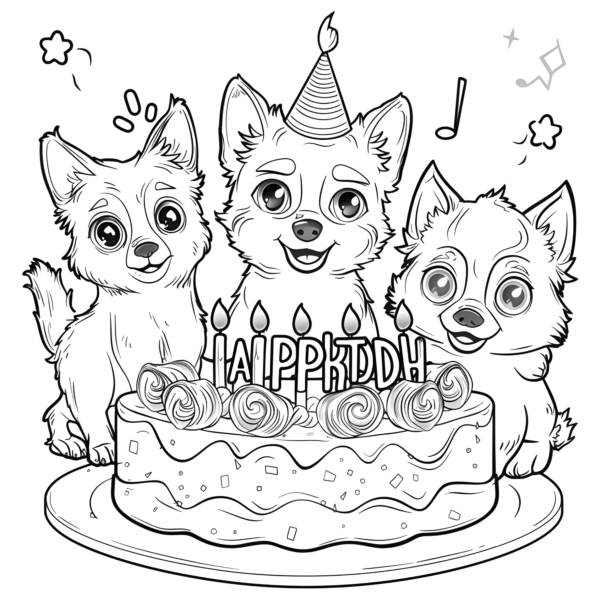 Happy Birthday Puppy Party Coloring Page (free black-and-white line drawing printable PDF for all, from beginners to advanced learners, including children, teens, adults, and seniors)