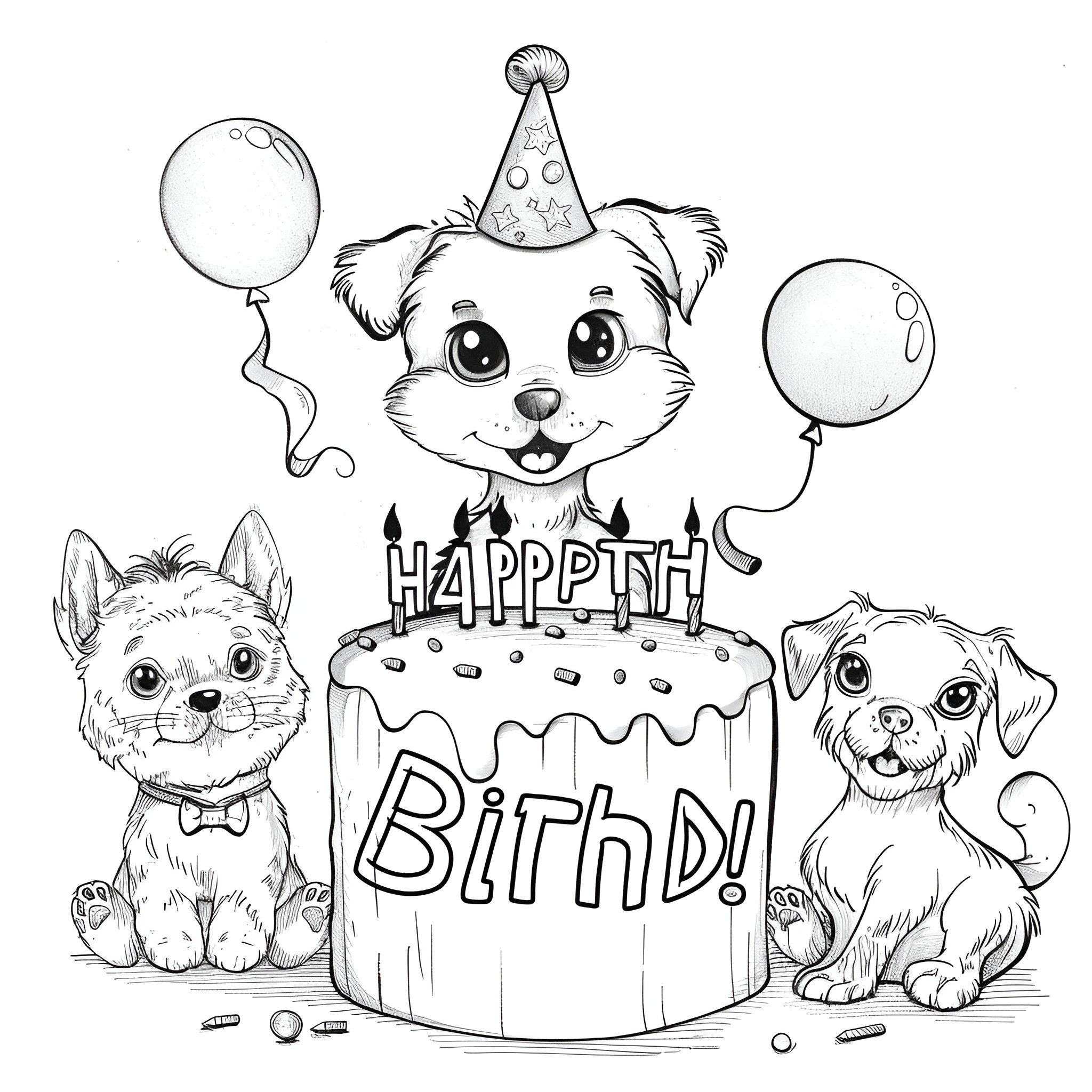 Happy Birthday with Cute Puppies and Party Decor Coloring Page (free black-and-white line drawing printable PDF for all, from beginners to advanced learners, including children, teens, adults, and seniors)