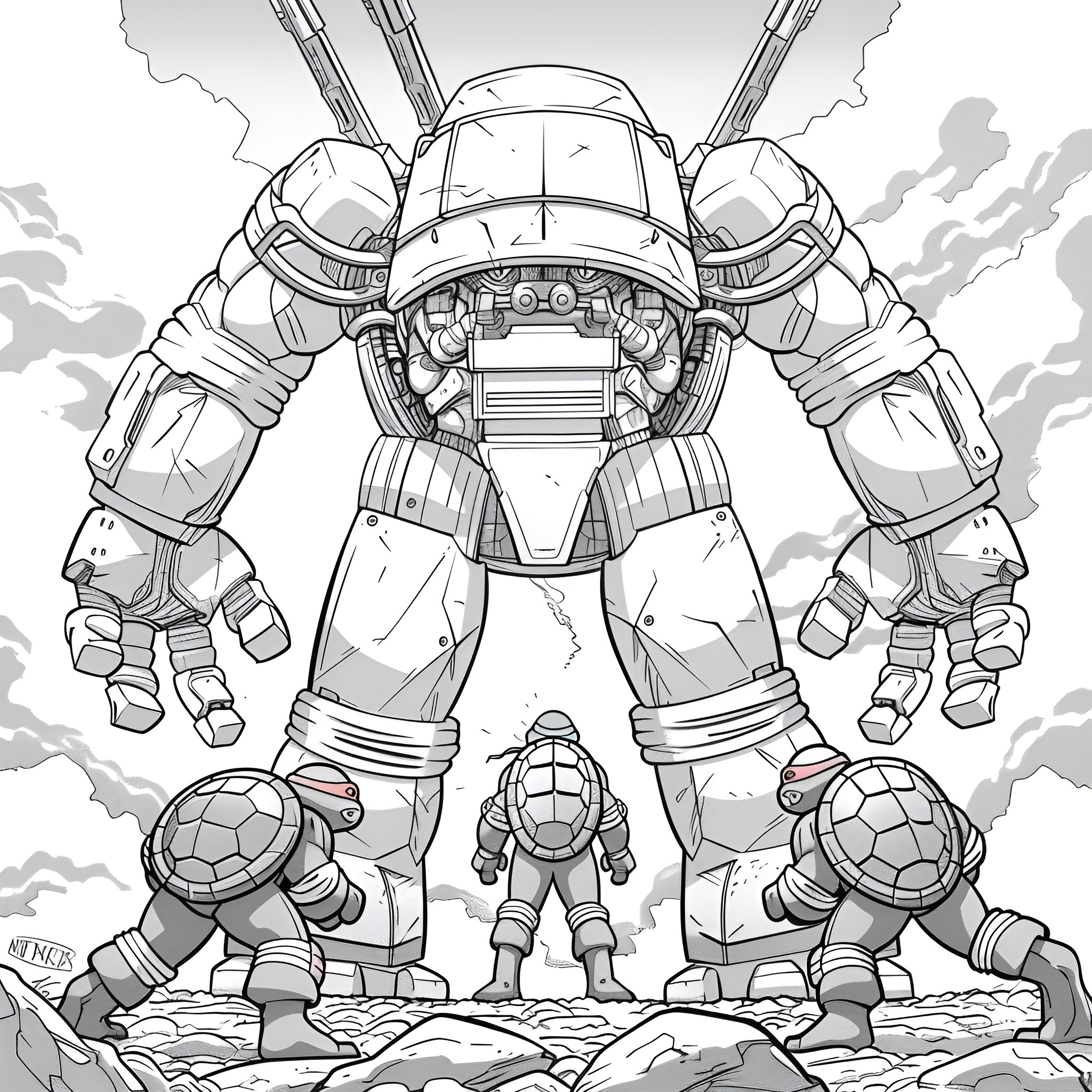 Ninja Turtles fighting a giant robot Coloring Page (free black-and-white line drawing printable PDF for all, from beginners to advanced learners, including children, teens, adults, and seniors)