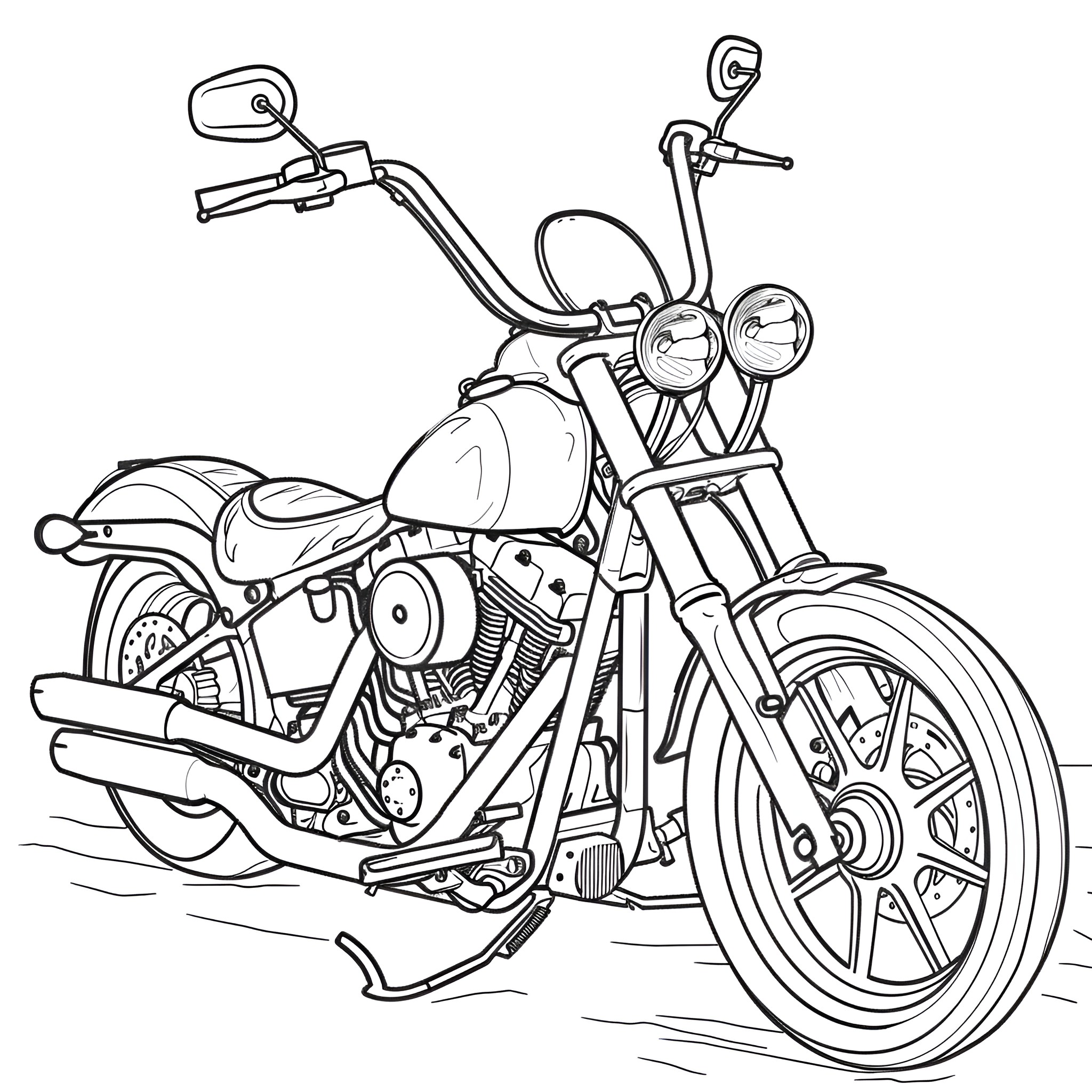 Motorcycle with detailed engine and accessories Coloring Page (free black-and-white line drawing printable PDF for all, from beginners to advanced learners, including children, teens, adults, and seniors)