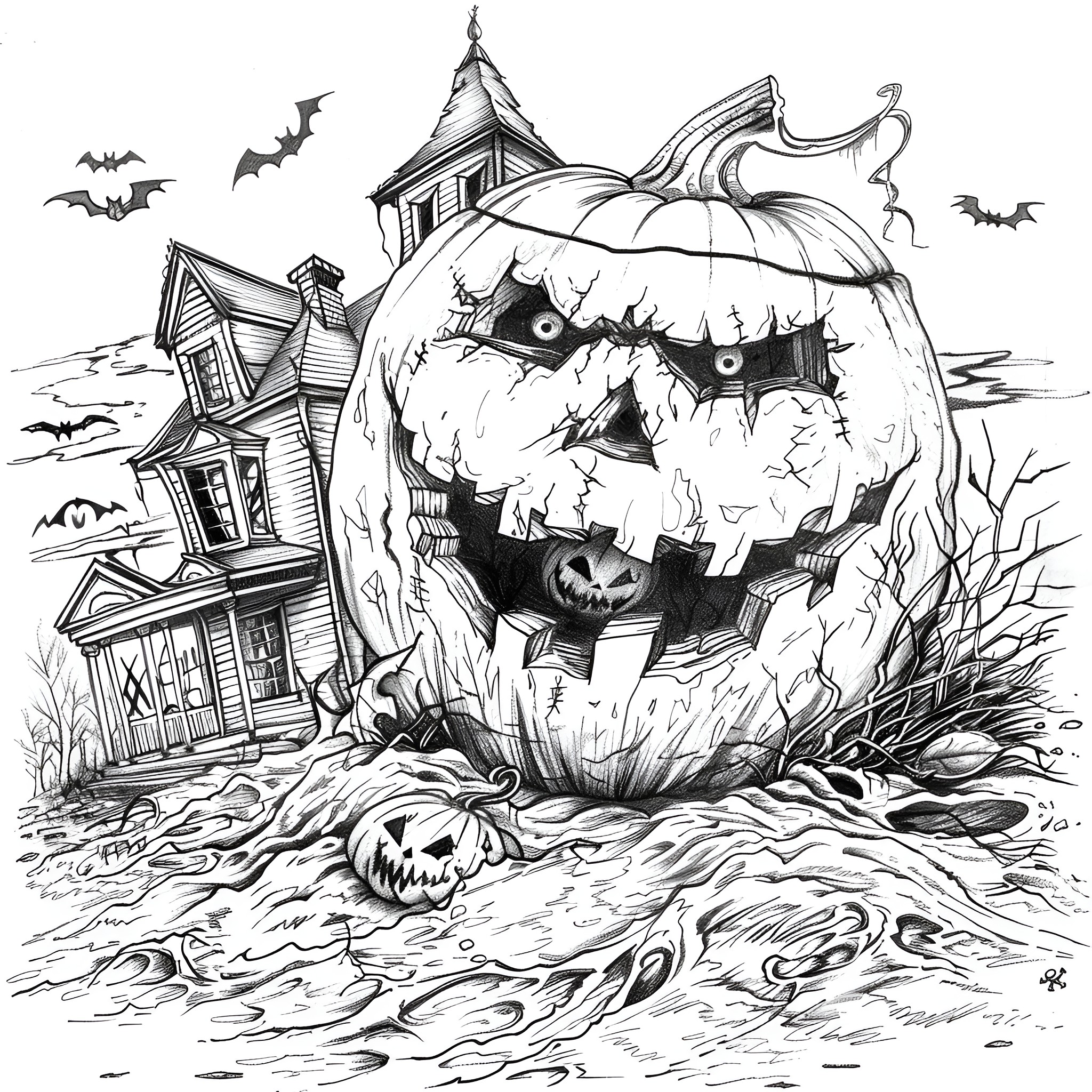 Pumpkin with haunted house and bats Coloring Page (free black-and-white line drawing printable PDF for all, from beginners to advanced learners, including children, teens, adults, and seniors)