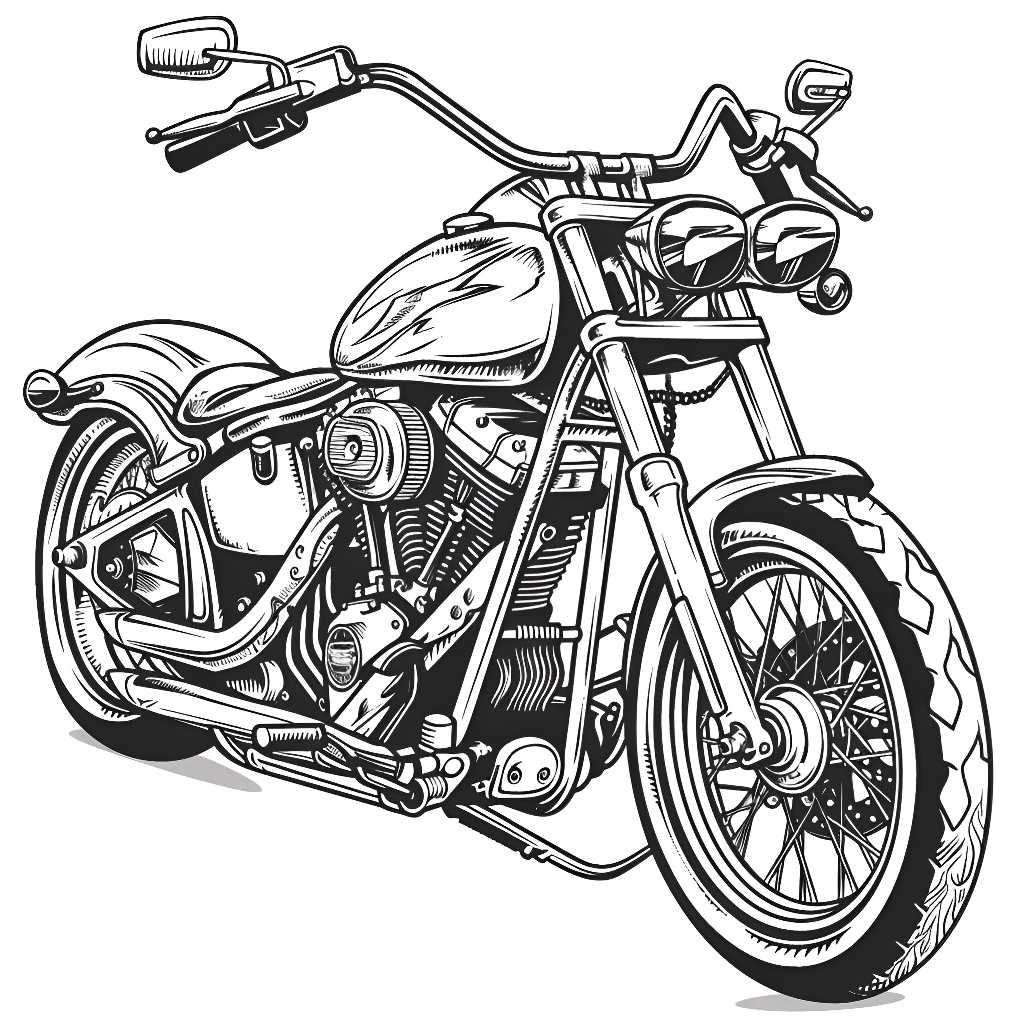 Motorcycle with powerful engine and sleek design Coloring Page (free black-and-white line drawing printable PDF for all, from beginners to advanced learners, including children, teens, adults, and seniors)