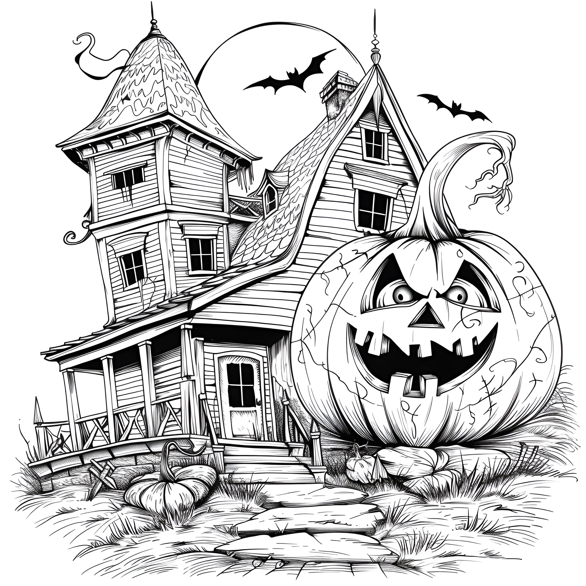 Pumpkin Haunted House with Ghostly Details Coloring Page (free black-and-white line drawing printable PDF for all, from beginners to advanced learners, including children, teens, adults, and seniors)