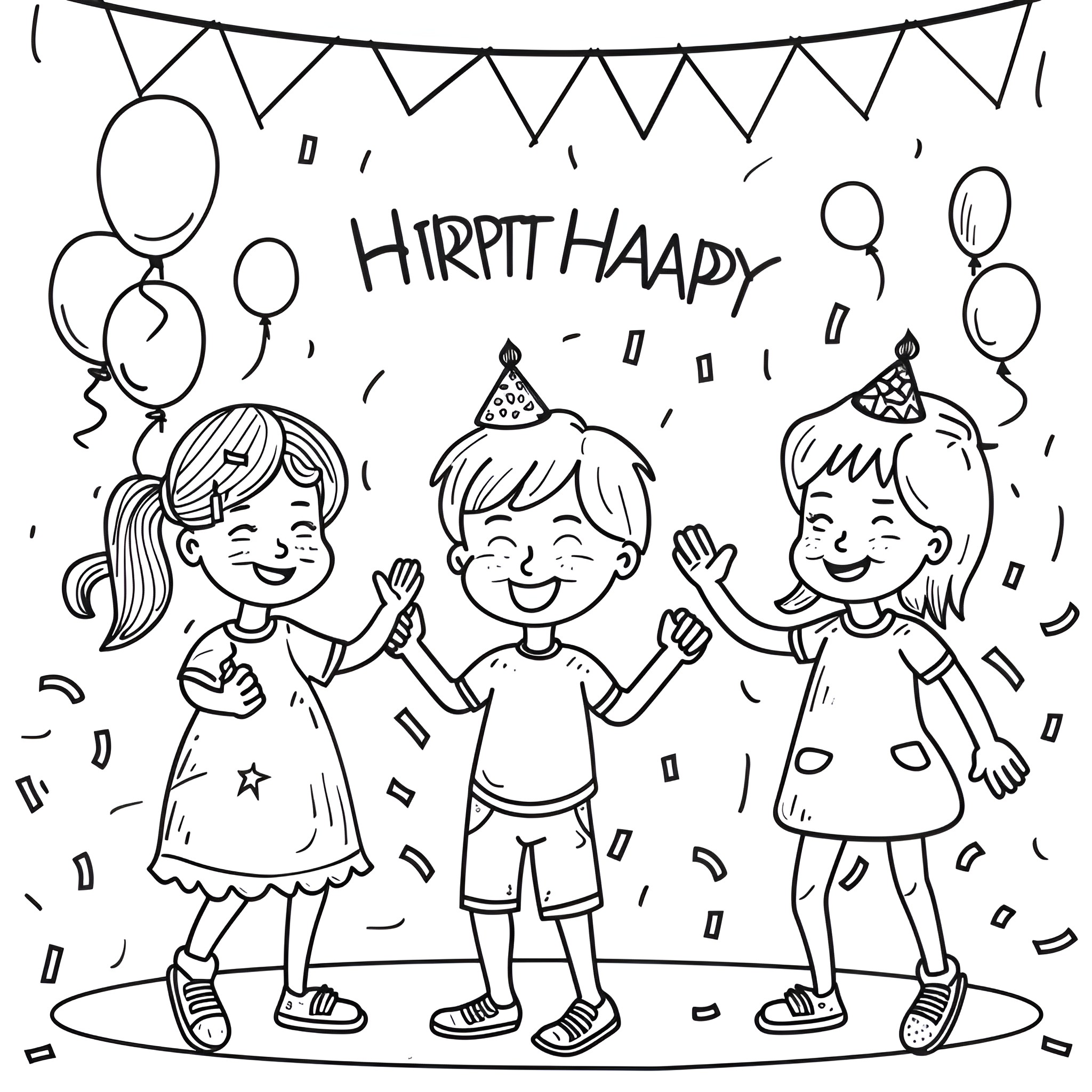 Happy Birthday celebration with joyful children Coloring Page (free black-and-white line drawing printable PDF for all, from beginners to advanced learners, including children, teens, adults, and seniors)