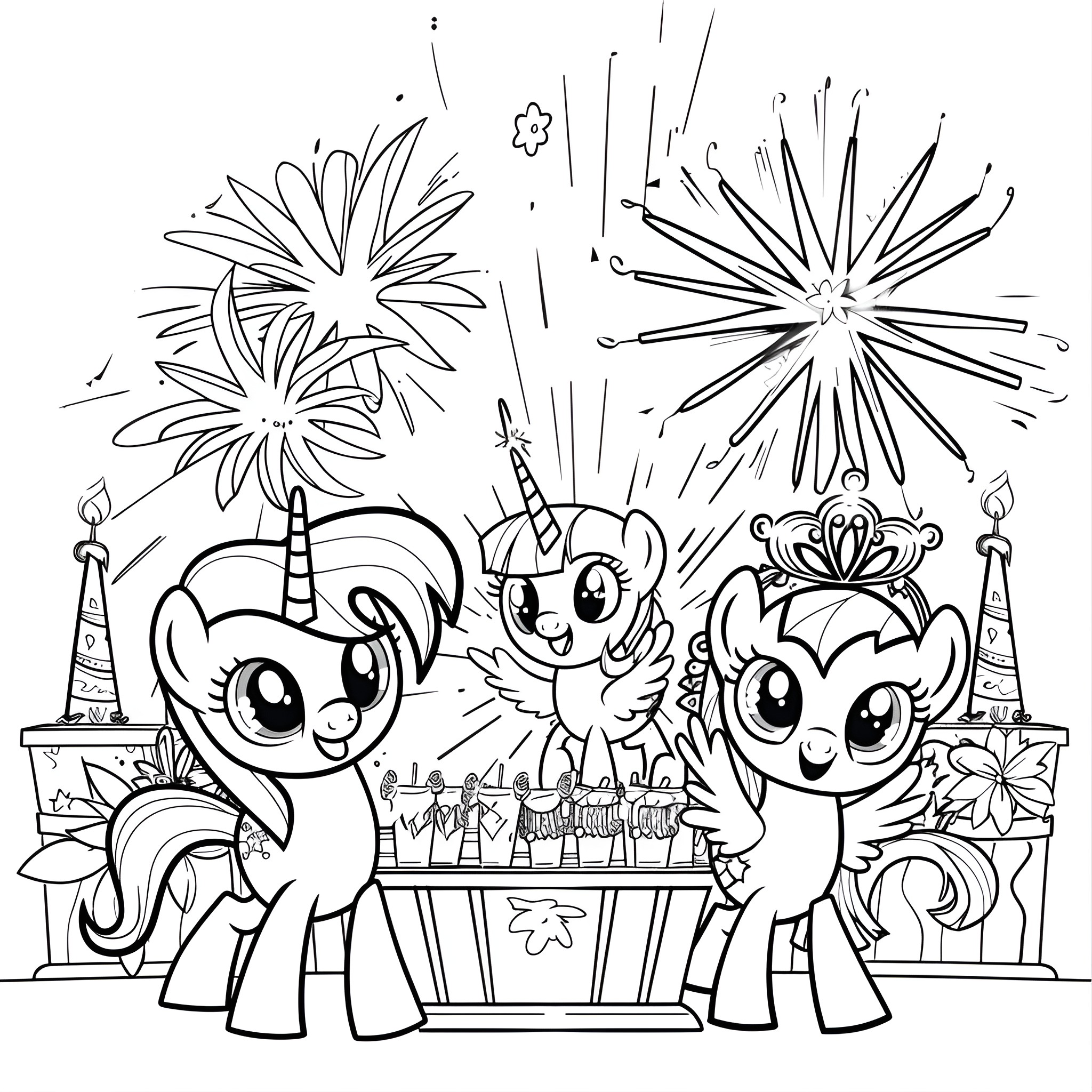 My Little Pony celebrating with fireworks Coloring Page (free black-and-white line drawing printable PDF for all, from beginners to advanced learners, including children, teens, adults, and seniors)