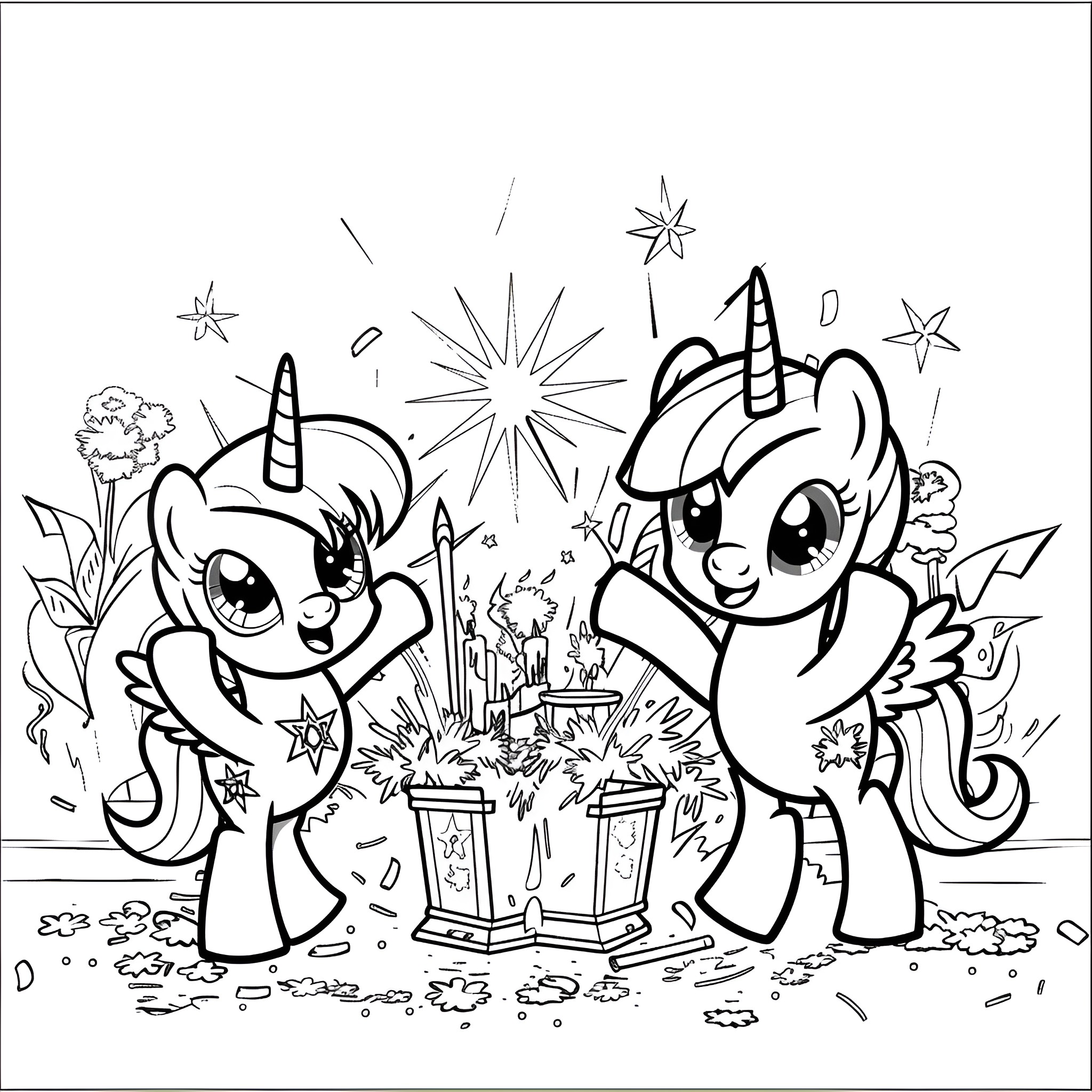 My Little Pony unicorns in magical scene Coloring Page (free black-and-white line drawing printable PDF for all, from beginners to advanced learners, including children, teens, adults, and seniors)