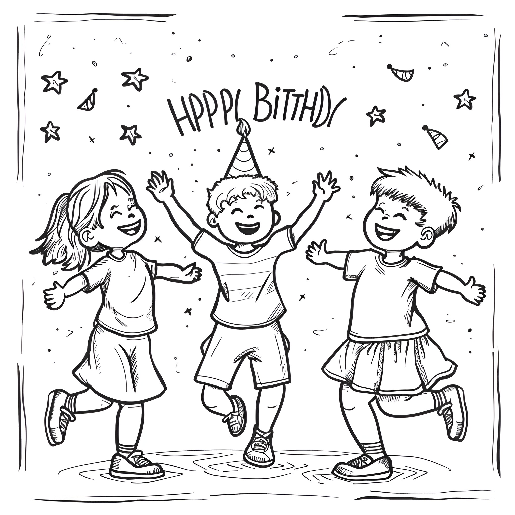 Happy Birthday Celebration with Joyful Kids Coloring Page (free black-and-white line drawing printable PDF for all, from beginners to advanced learners, including children, teens, adults, and seniors)