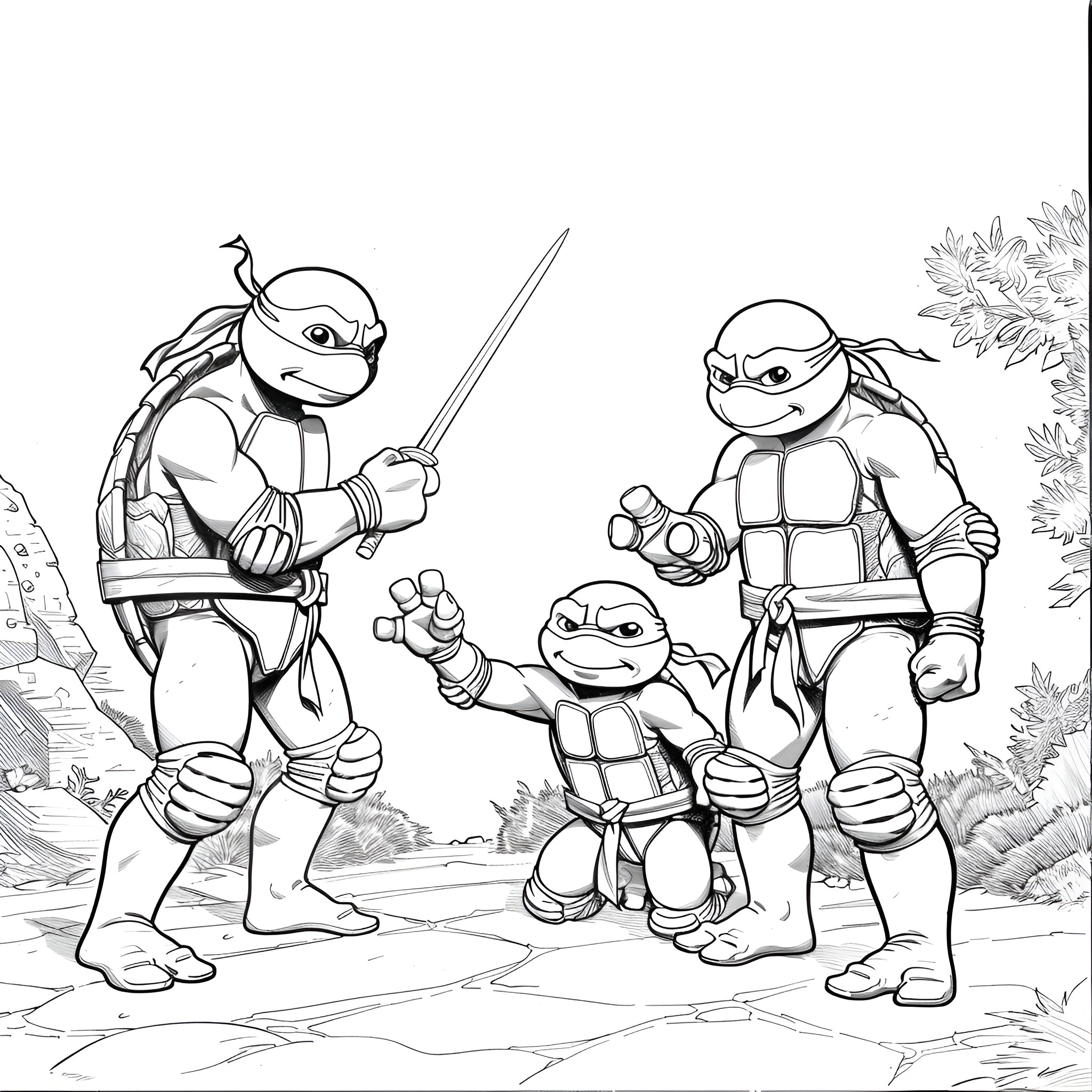 Ninja Turtles on an adventure Coloring Page (free black-and-white line drawing printable PDF for all, from beginners to advanced learners, including children, teens, adults, and seniors)