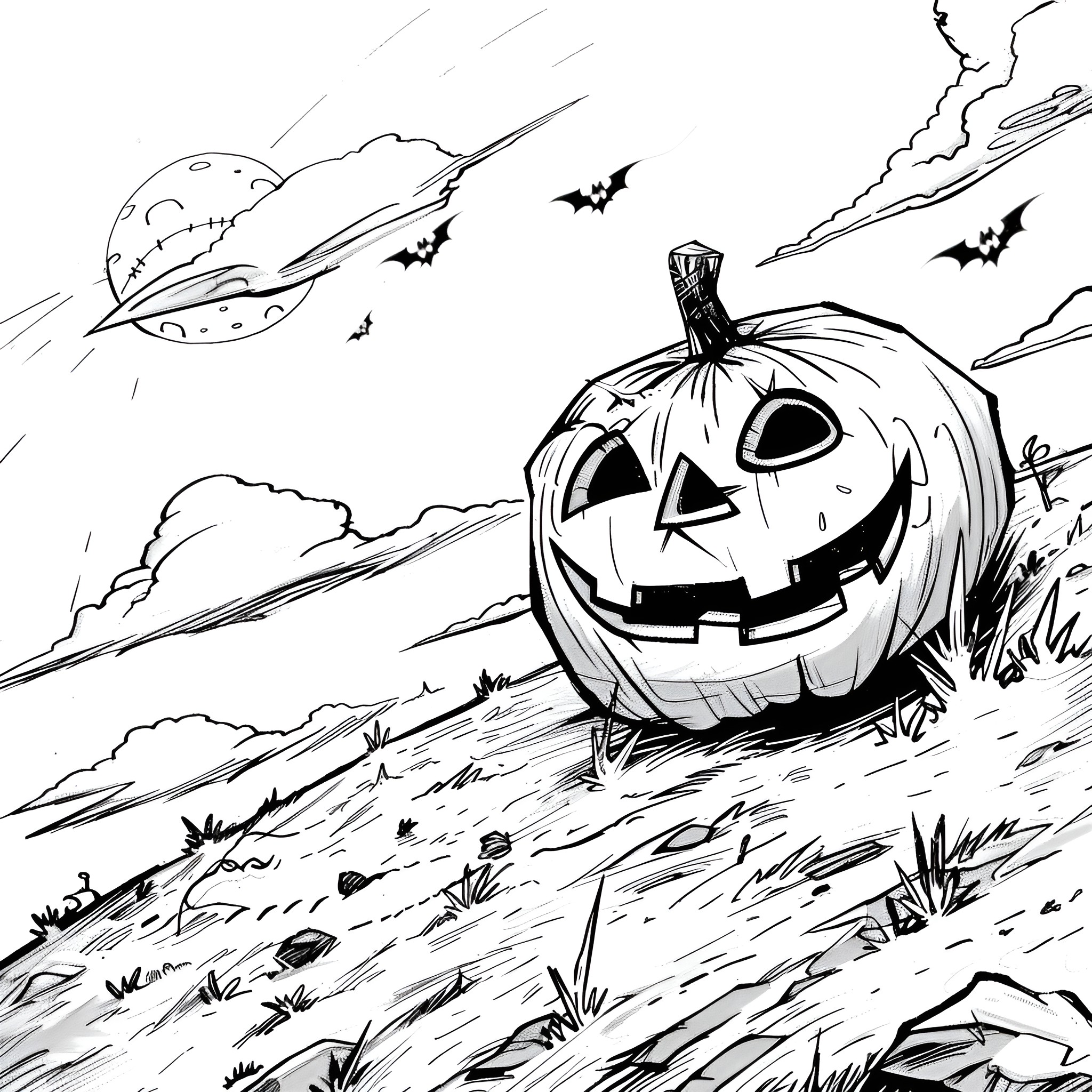 Pumpkin carved in haunting Halloween scene Coloring Page (free black-and-white line drawing printable PDF for all, from beginners to advanced learners, including children, teens, adults, and seniors)
