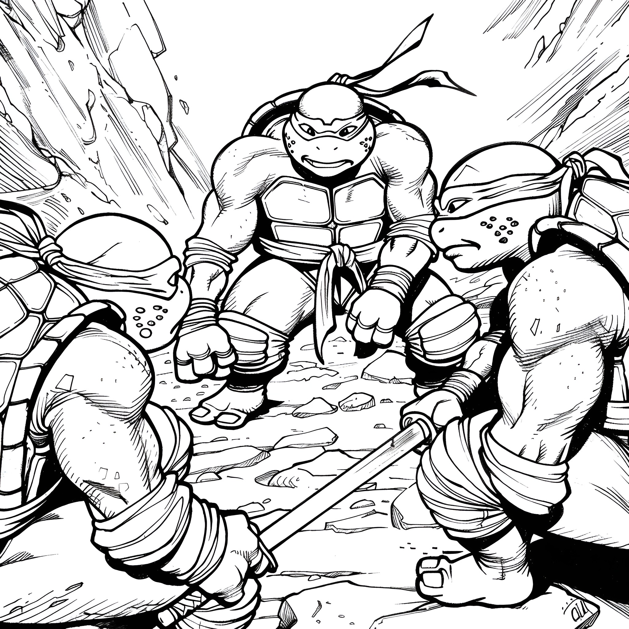 Ninja Turtles having a conversation Coloring Page (free black-and-white line drawing printable PDF for all, from beginners to advanced learners, including children, teens, adults, and seniors)
