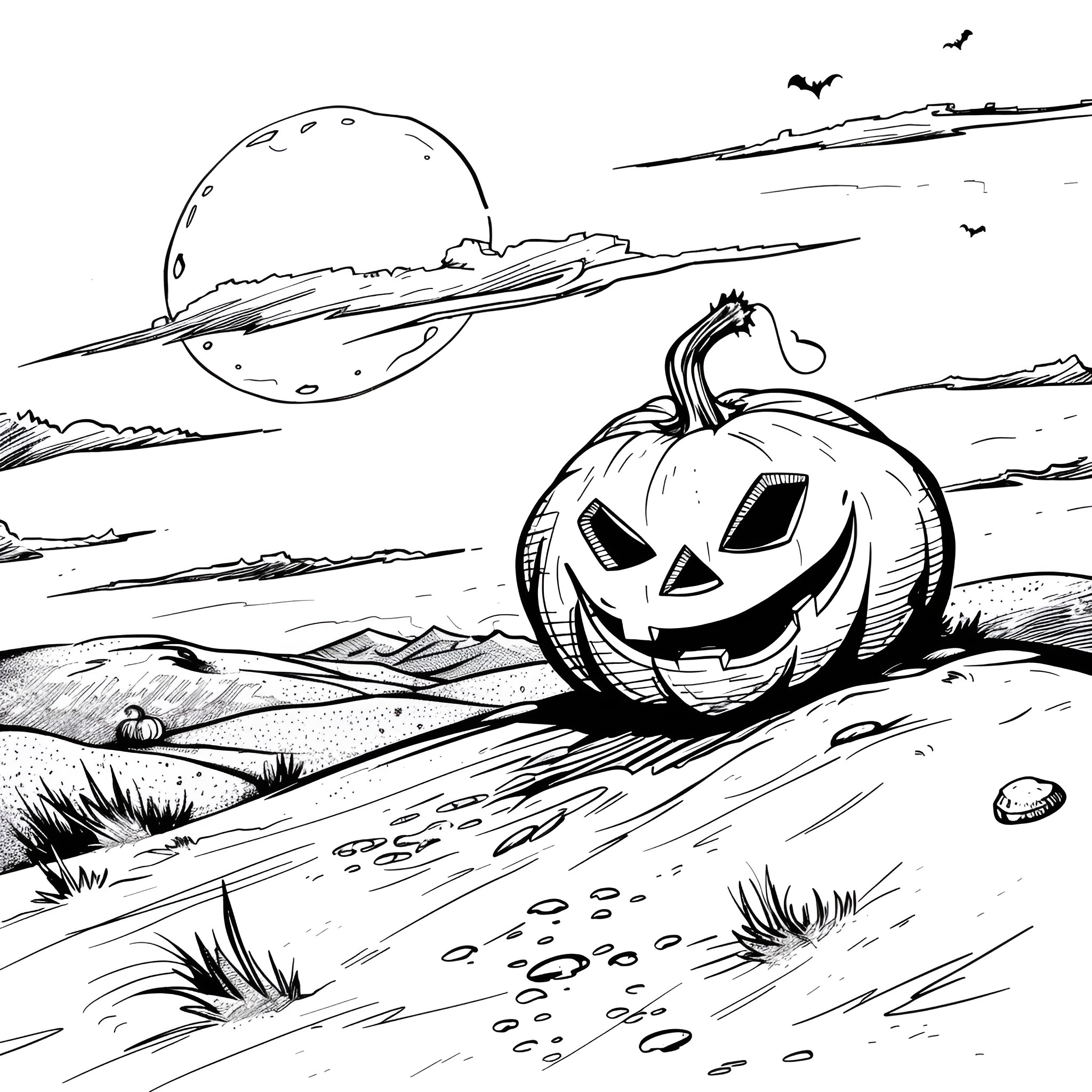 Pumpkin Carved Under Starry Night Sky Coloring Page (free black-and-white line drawing printable PDF for all, from beginners to advanced learners, including children, teens, adults, and seniors)