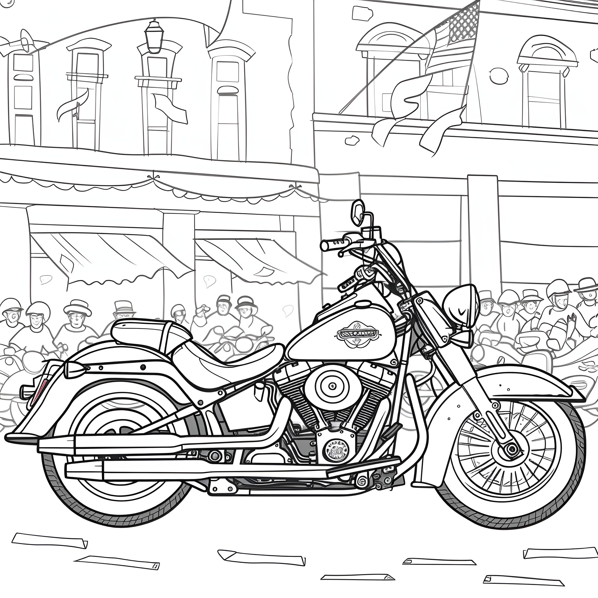 Motorcycle on City Street with People Coloring Page (free black-and-white line drawing printable PDF for all, from beginners to advanced learners, including children, teens, adults, and seniors)
