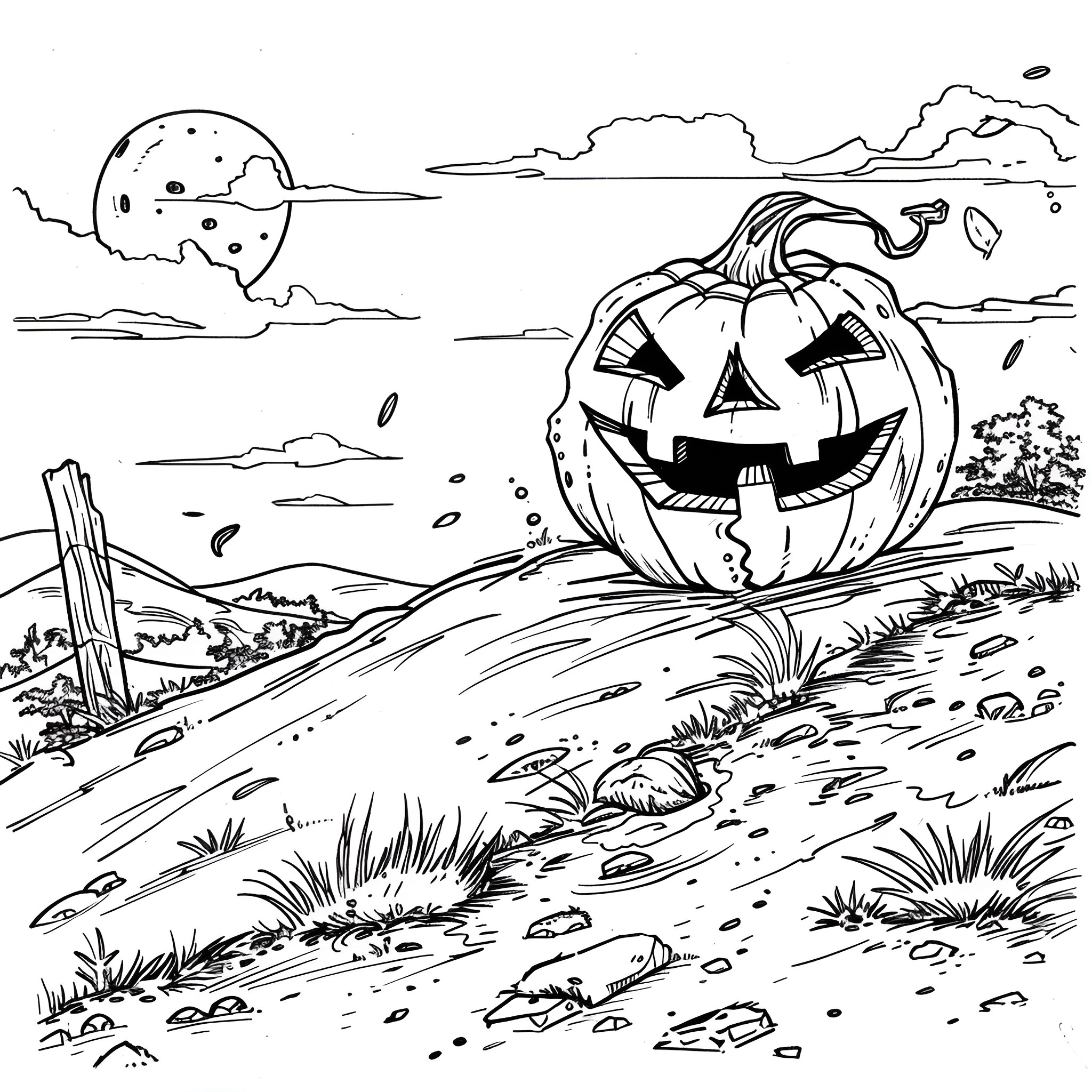 Pumpkin on a Spooky Landscape Coloring Page (free black-and-white line drawing printable PDF for all, from beginners to advanced learners, including children, teens, adults, and seniors)