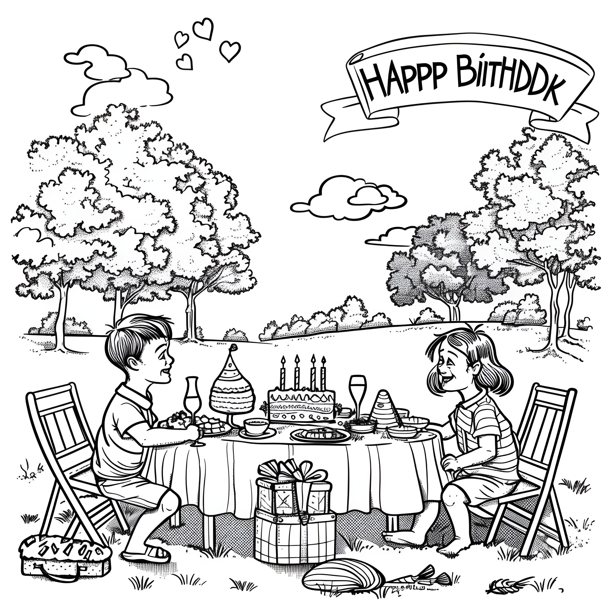 Happy Birthday Party in the Park Coloring Page (free black-and-white line drawing printable PDF for all, from beginners to advanced learners, including children, teens, adults, and seniors)
