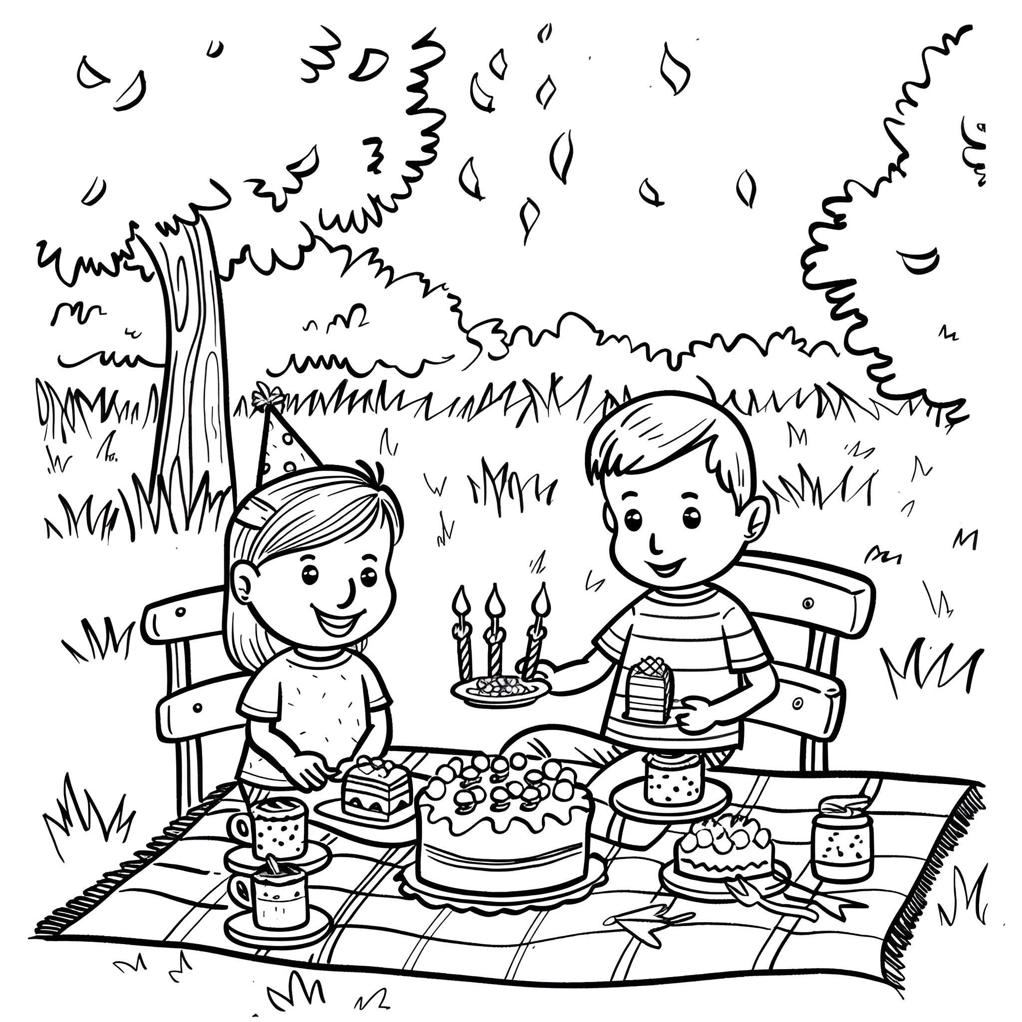 Happy Birthday picnic with friends Coloring Page (free black-and-white line drawing printable PDF for all, from beginners to advanced learners, including children, teens, adults, and seniors)