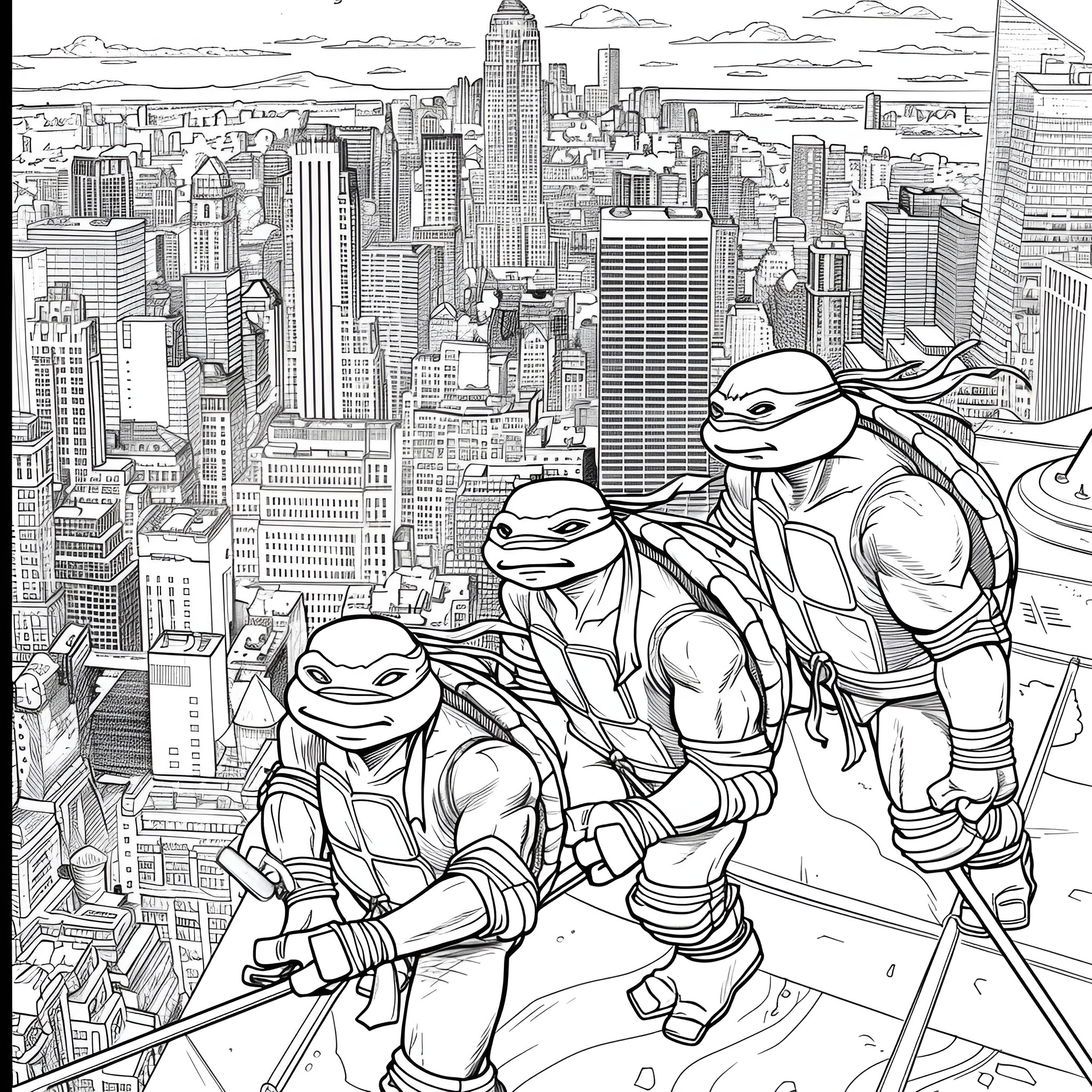 Ninja Turtles overlooking cityscape Coloring Page (free black-and-white line drawing printable PDF for all, from beginners to advanced learners, including children, teens, adults, and seniors)