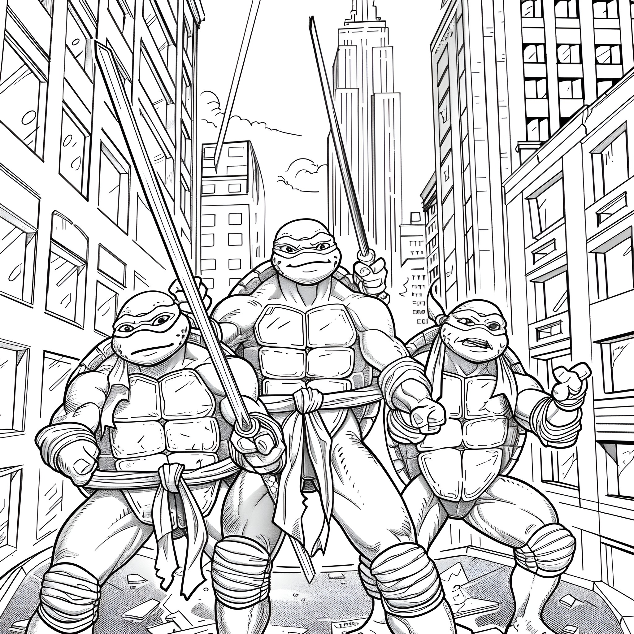 Ninja Turtles battling in the city streets Coloring Page (free black-and-white line drawing printable PDF for all, from beginners to advanced learners, including children, teens, adults, and seniors)