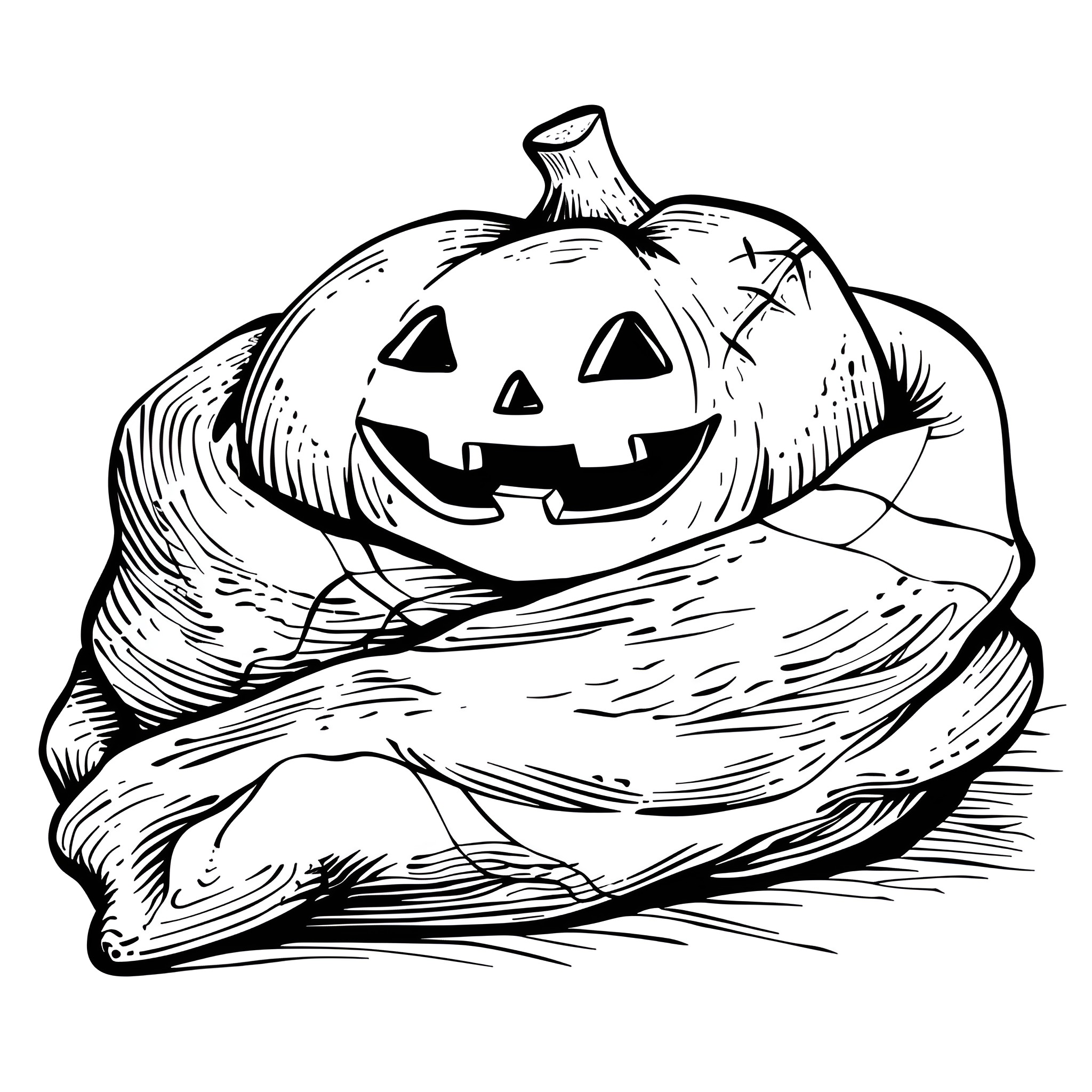 Pumpkin in spooky outfit Coloring Page (free black-and-white line drawing printable PDF for all, from beginners to advanced learners, including children, teens, adults, and seniors)
