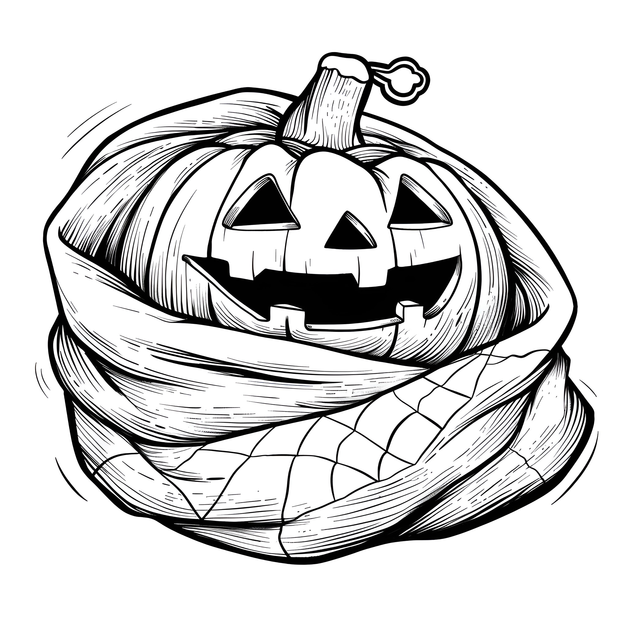 Pumpkin Jack-o'-lantern with spiderweb Coloring Page (free black-and-white line drawing printable PDF for all, from beginners to advanced learners, including children, teens, adults, and seniors)