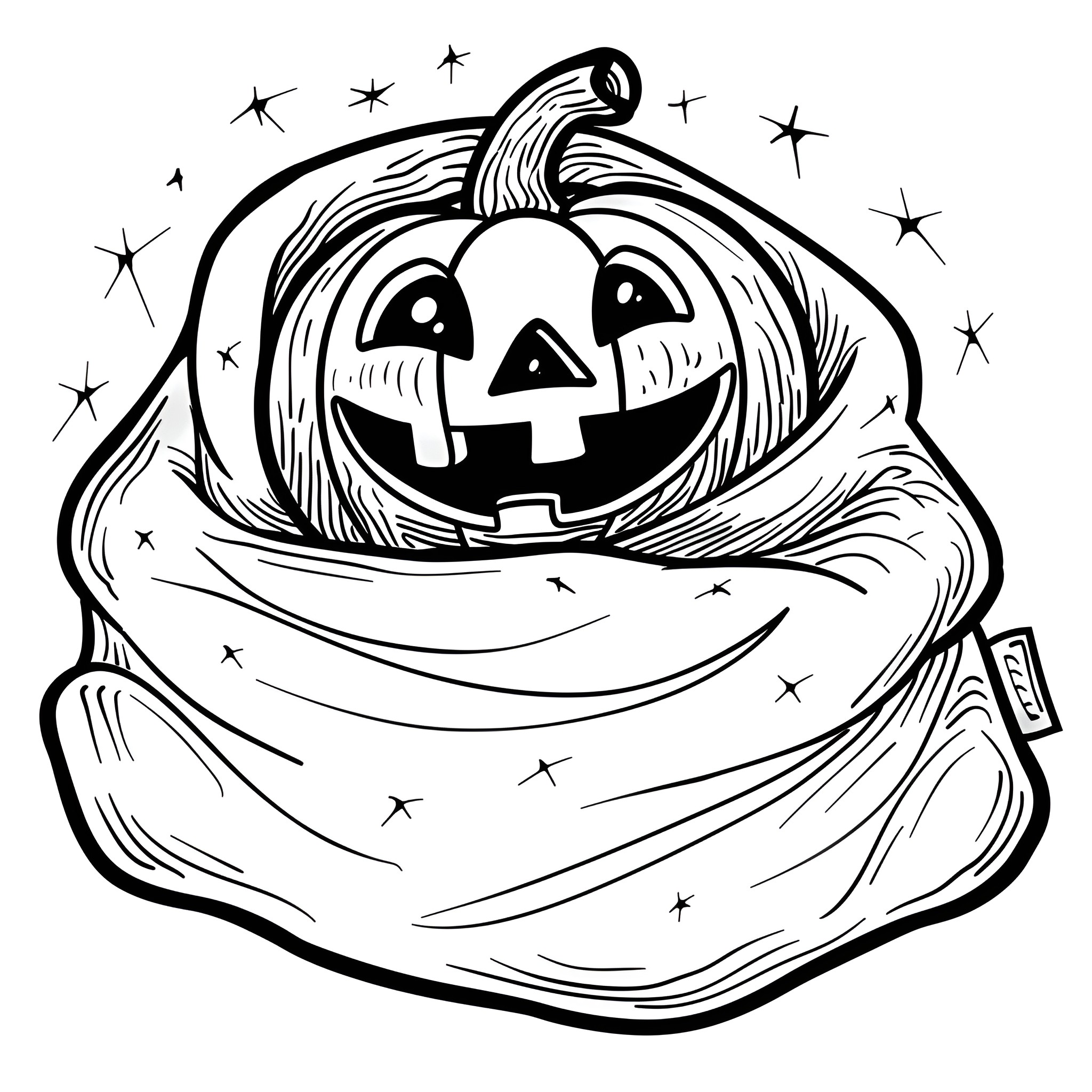 Pumpkin jack-o'-lantern wrapped in a cozy blanket Coloring Page (free black-and-white line drawing printable PDF for all, from beginners to advanced learners, including children, teens, adults, and seniors)