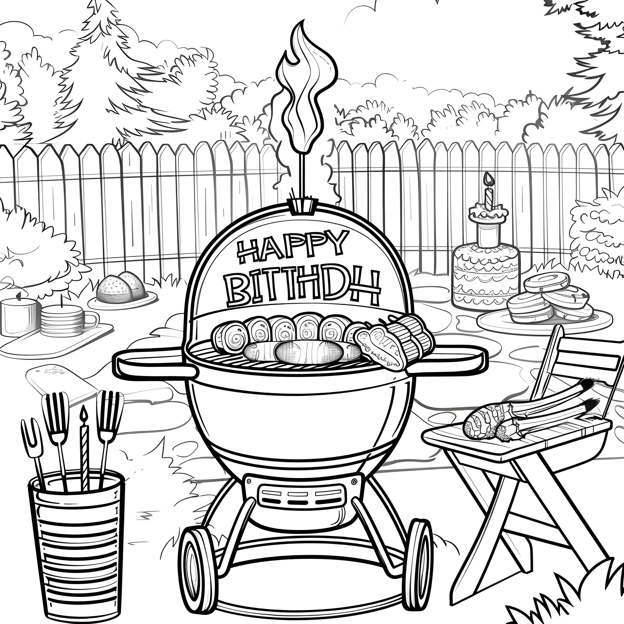 Happy Birthday Outdoor Celebration with Grill Coloring Page (free black-and-white line drawing printable PDF for all, from beginners to advanced learners, including children, teens, adults, and seniors)