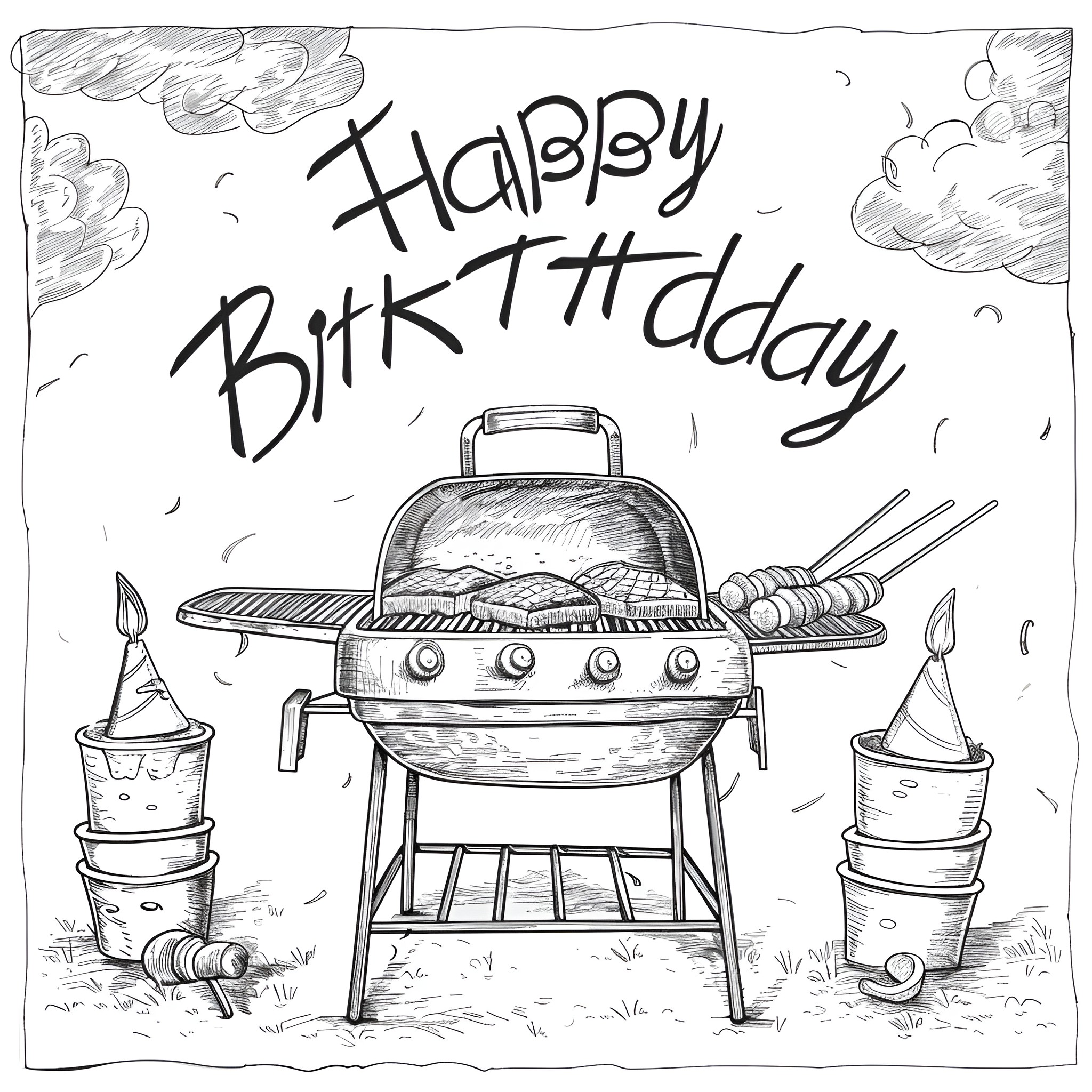Happy Birthday Backyard Barbecue Coloring Page (free black-and-white line drawing printable PDF for all, from beginners to advanced learners, including children, teens, adults, and seniors)