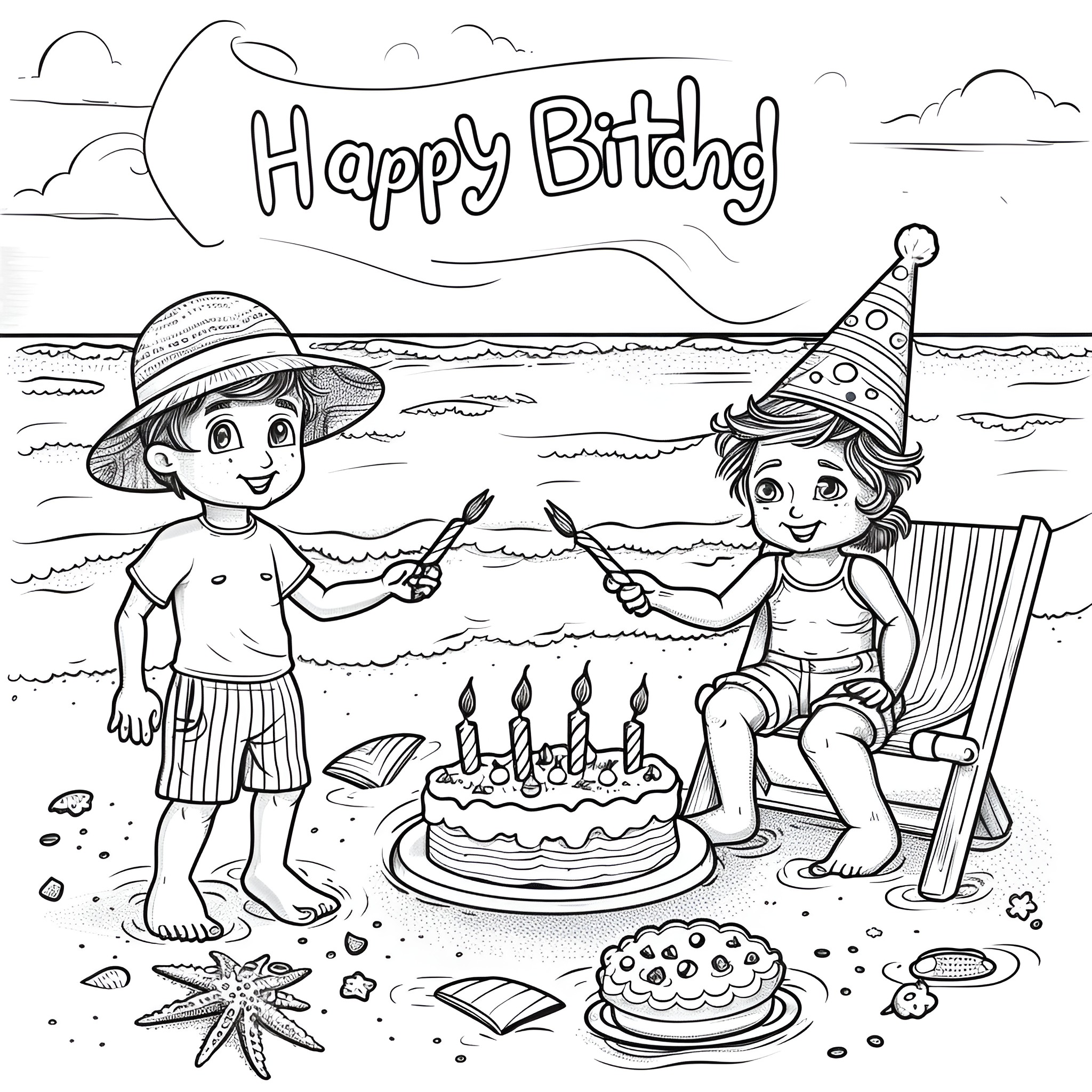 Happy Birthday Beach Party Celebration Coloring Page (free black-and-white line drawing printable PDF for all, from beginners to advanced learners, including children, teens, adults, and seniors)