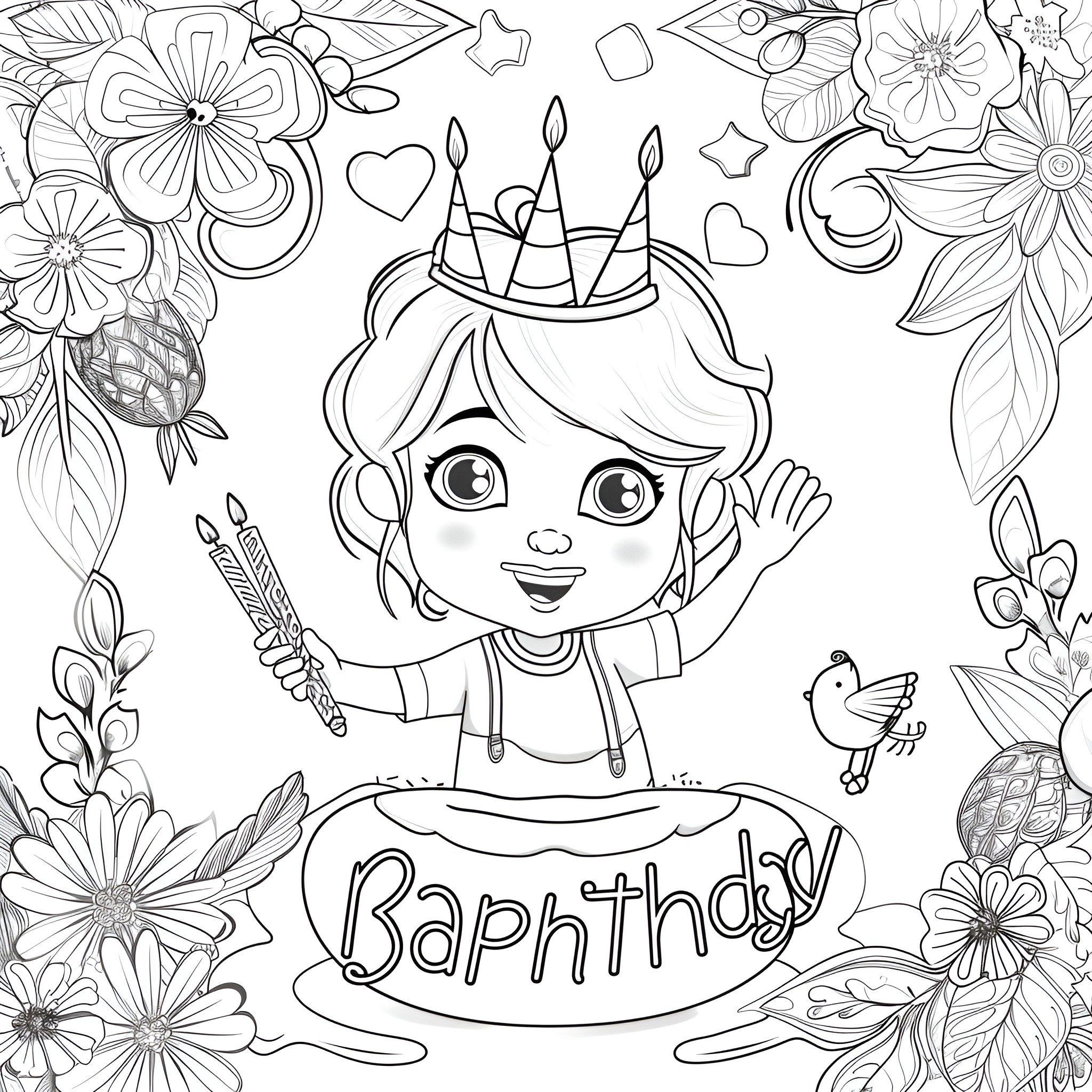 Happy Birthday girl celebrating with flowers Coloring Page (free black-and-white line drawing printable PDF for all, from beginners to advanced learners, including children, teens, adults, and seniors)