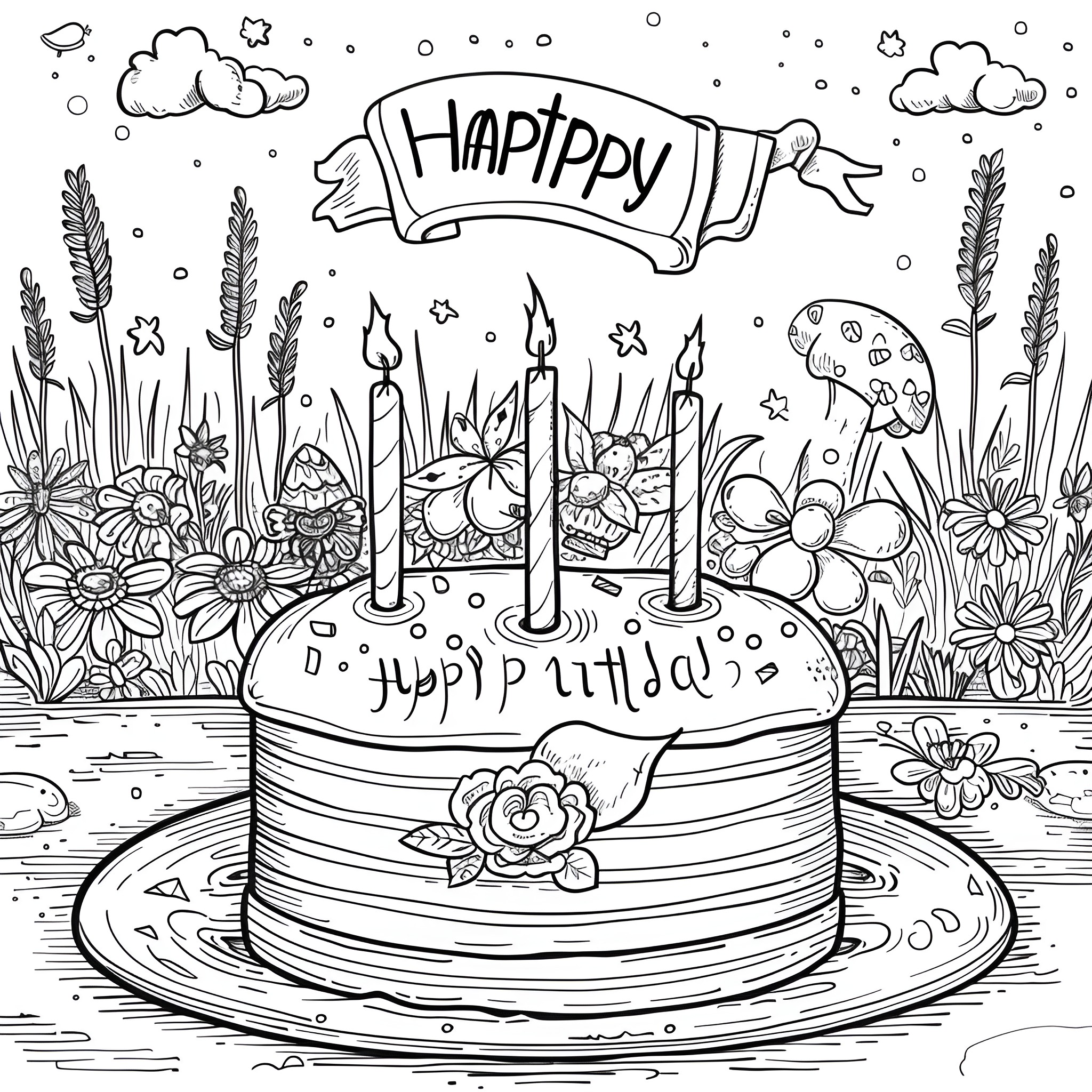 Happy Birthday Garden Cake Celebration Coloring Page (free black-and-white line drawing printable PDF for all, from beginners to advanced learners, including children, teens, adults, and seniors)