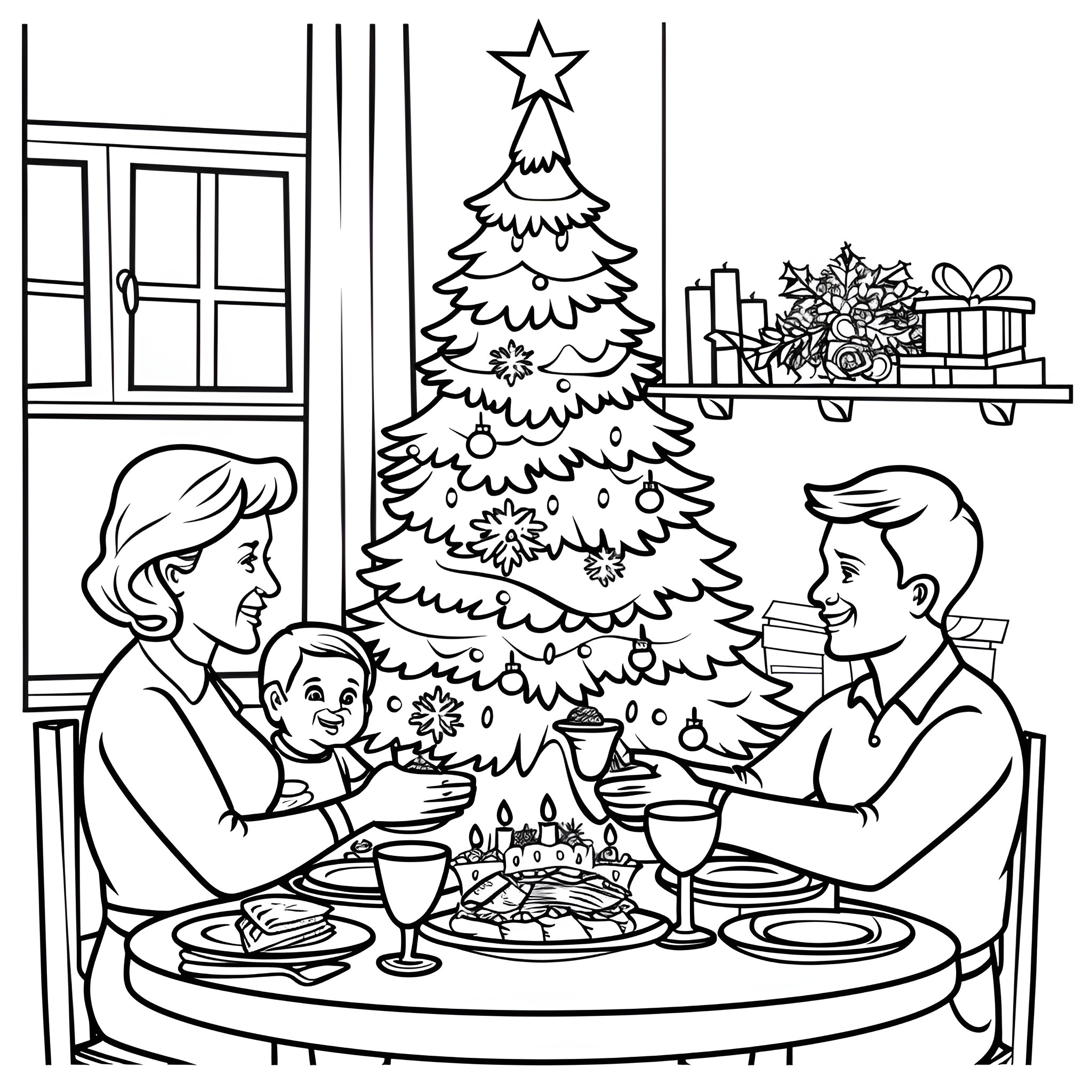 Christmas Tree Family Dinner Scene Coloring Page (free black-and-white line drawing printable PDF for all, from beginners to advanced learners, including children, teens, adults, and seniors)