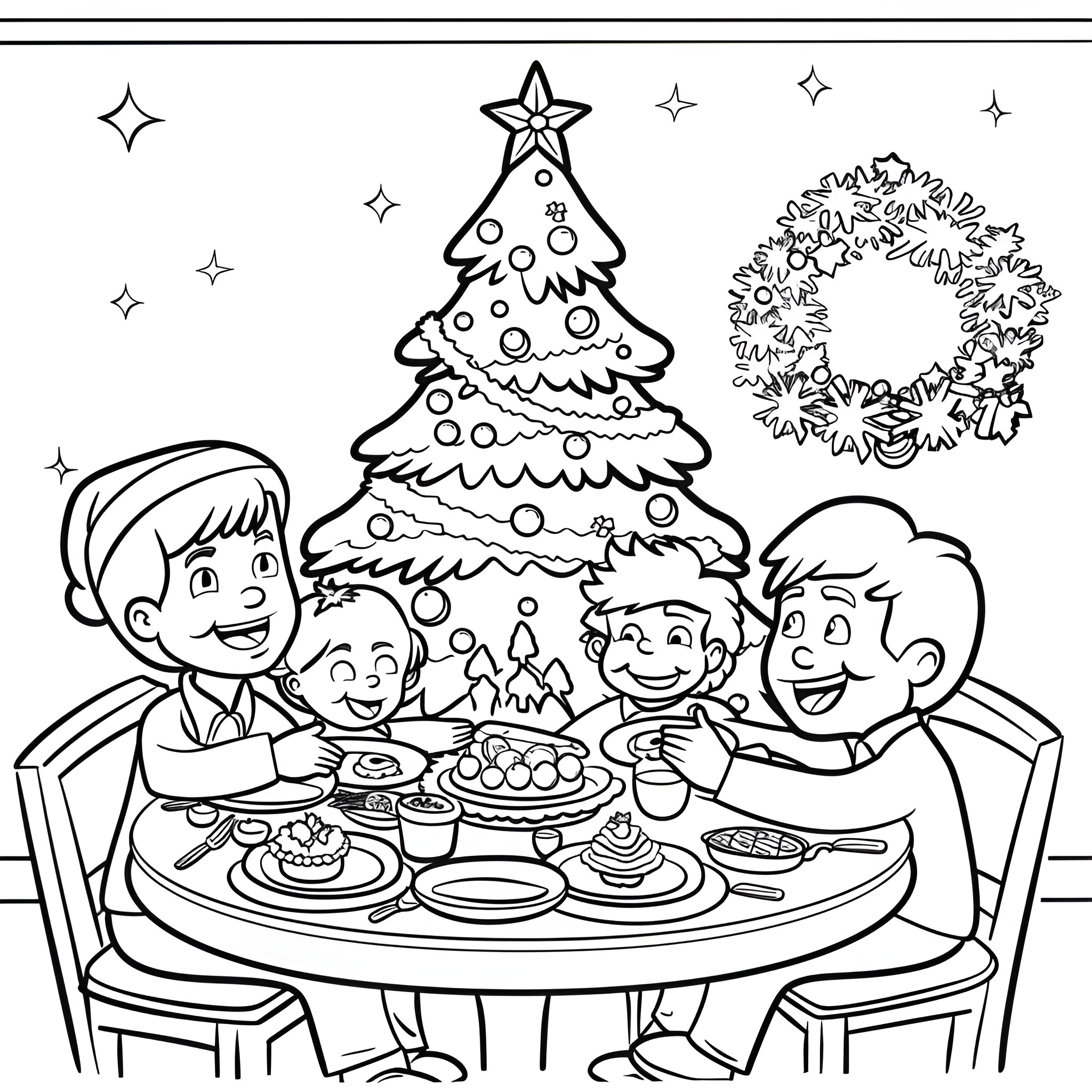 Christmas Tree Family Gathering and Celebration Coloring Page (free black-and-white line drawing printable PDF for all, from beginners to advanced learners, including children, teens, adults, and seniors)
