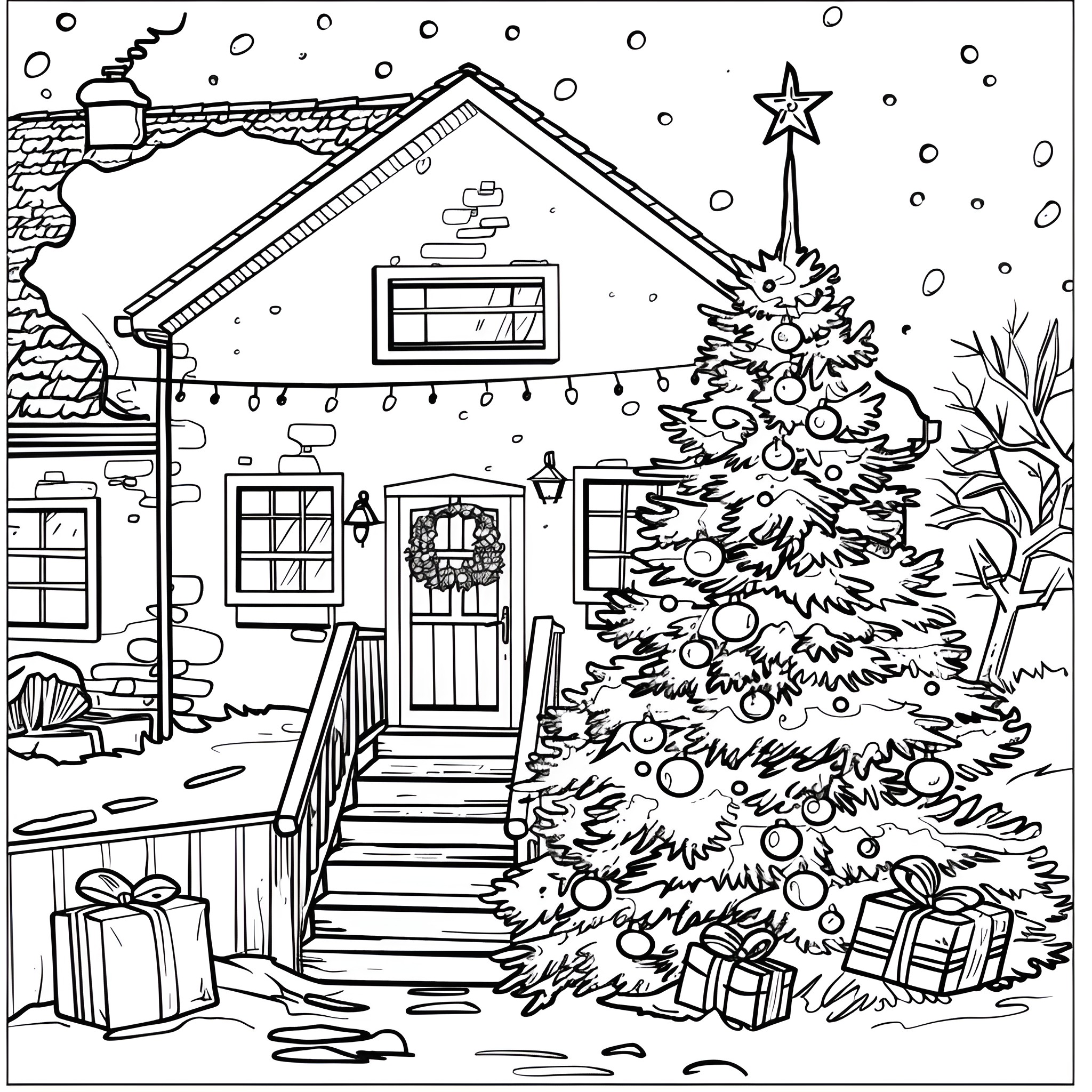 Christmas Tree Decorating a Festive Home Coloring Page (free black-and-white line drawing printable PDF for all, from beginners to advanced learners, including children, teens, adults, and seniors)