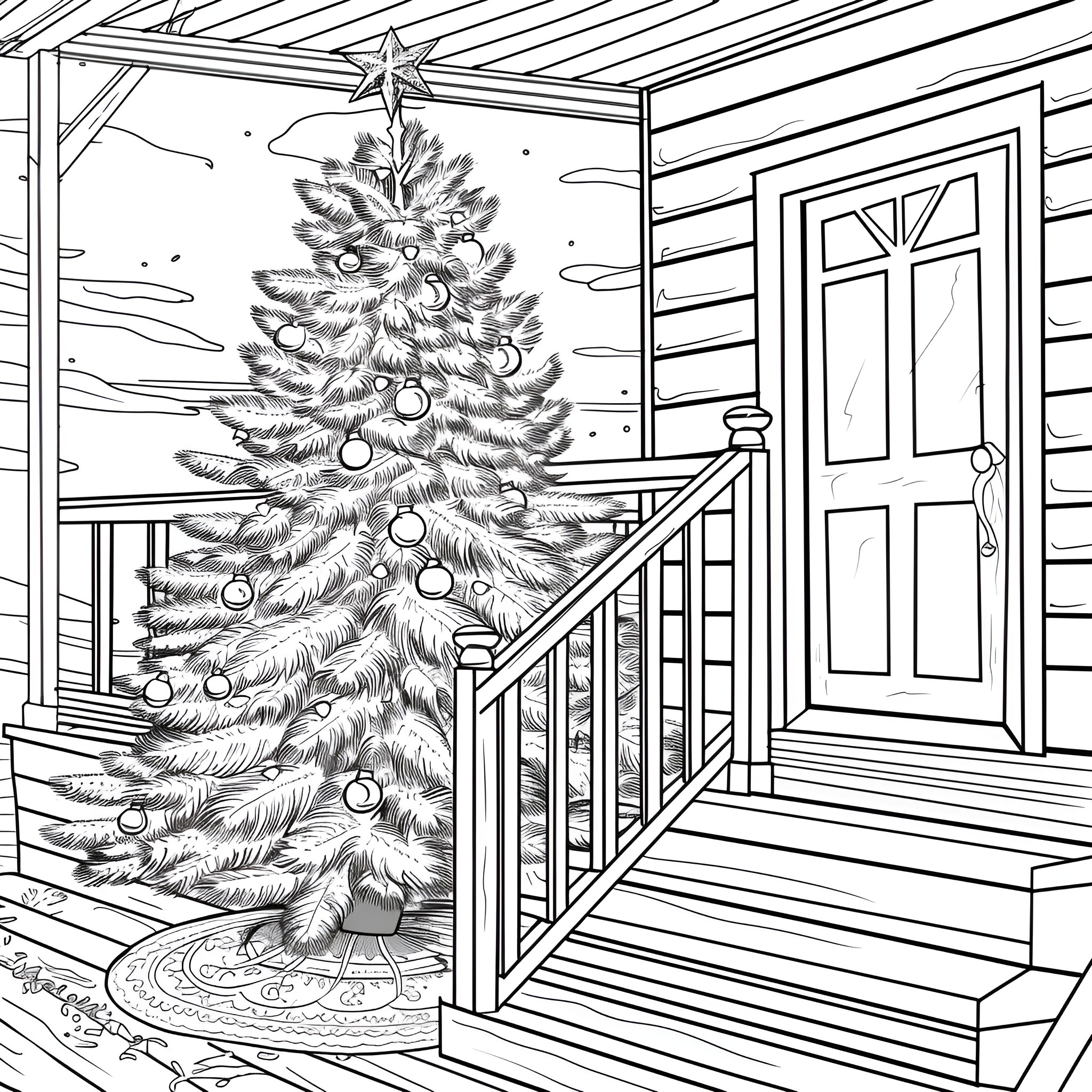 Christmas Tree adorned on wooden porch Coloring Page (free black-and-white line drawing printable PDF for all, from beginners to advanced learners, including children, teens, adults, and seniors)