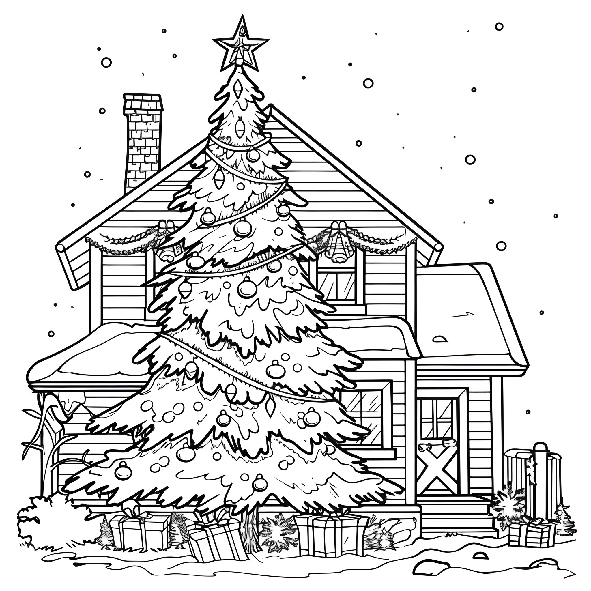 Christmas Tree adorned with gifts and decorations Coloring Page (free black-and-white line drawing printable PDF for all, from beginners to advanced learners, including children, teens, adults, and seniors)